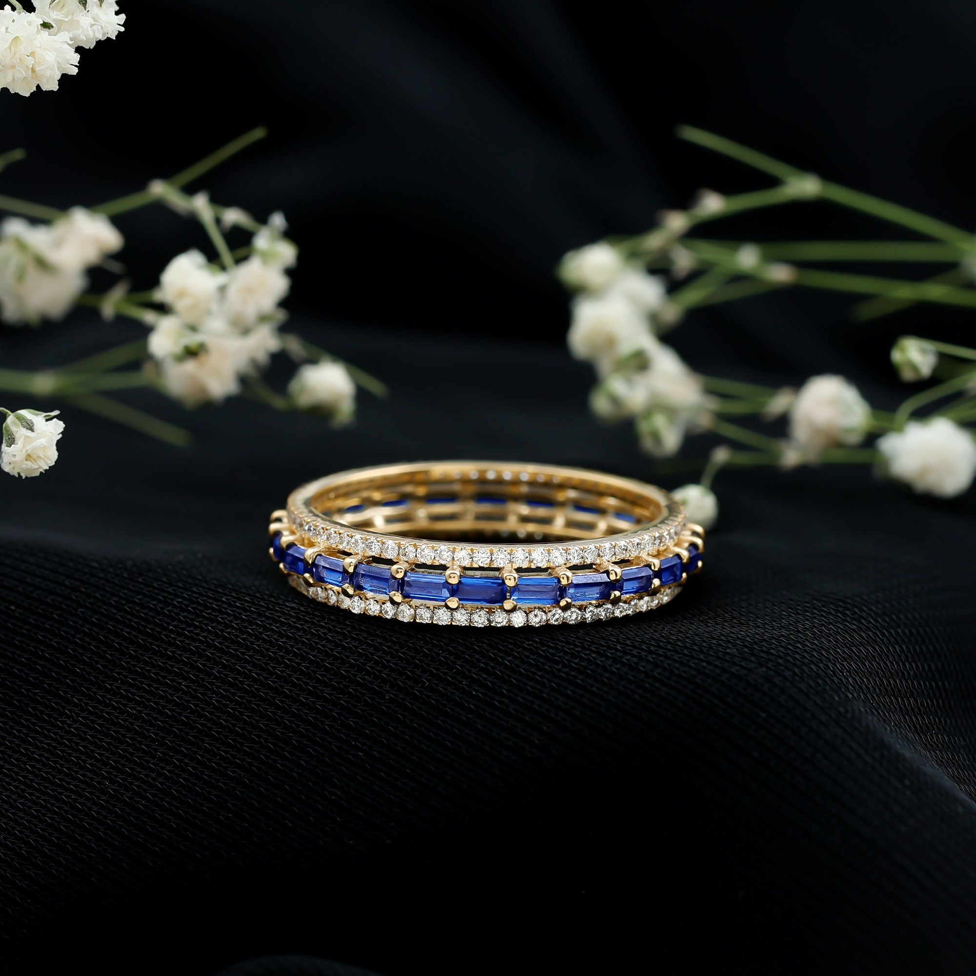 Lab Grown Blue Sapphire Eternity Wedding Band With Natural Diamond