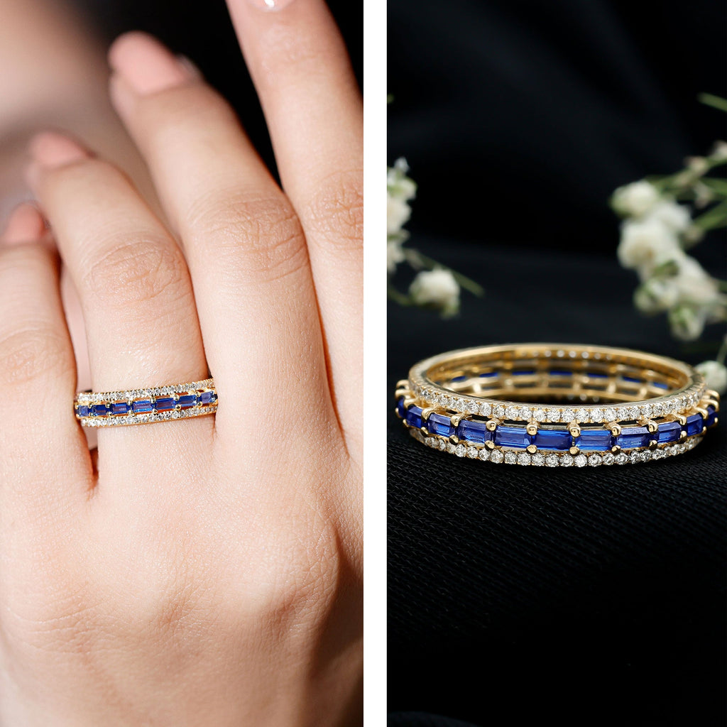 Lab Grown Blue Sapphire Eternity Wedding Band With Natural Diamond