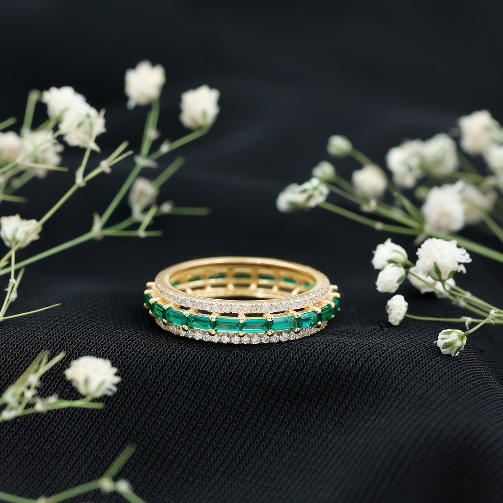 Baguette Cut Lab Grown Emerald and Moissanite Wedding Band