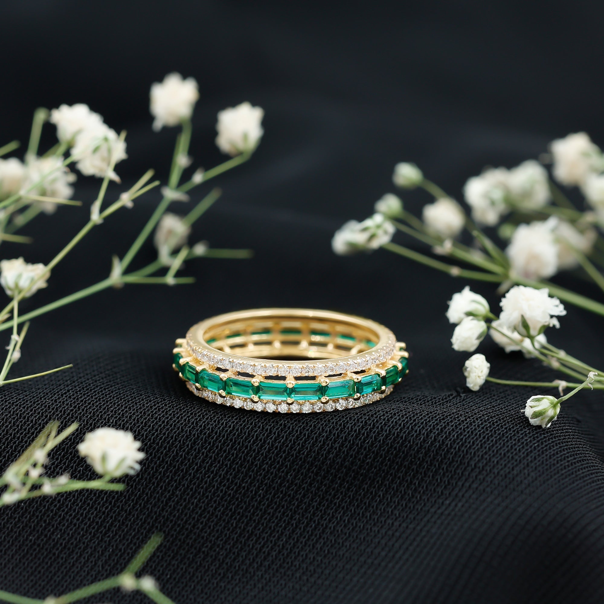 Baguette Cut Lab Grown Emerald and Moissanite Wedding Band