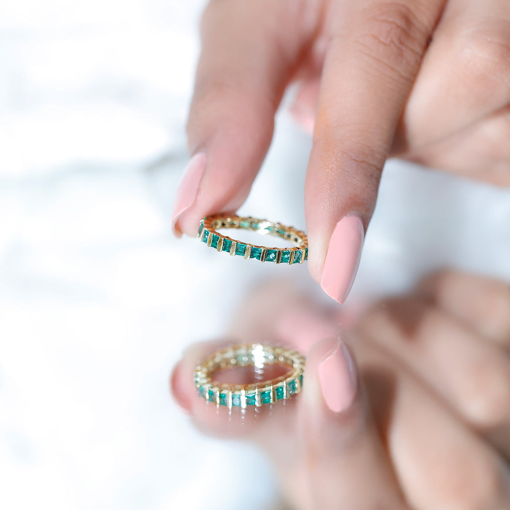Simple Lab Created Emerald Eternity Wedding Band Ring