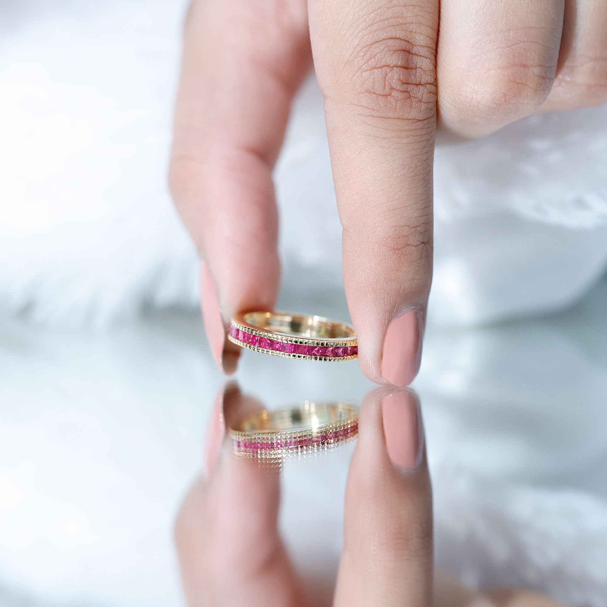 Natural Princess Cut Ruby Half Eternity Ring in Channel Set