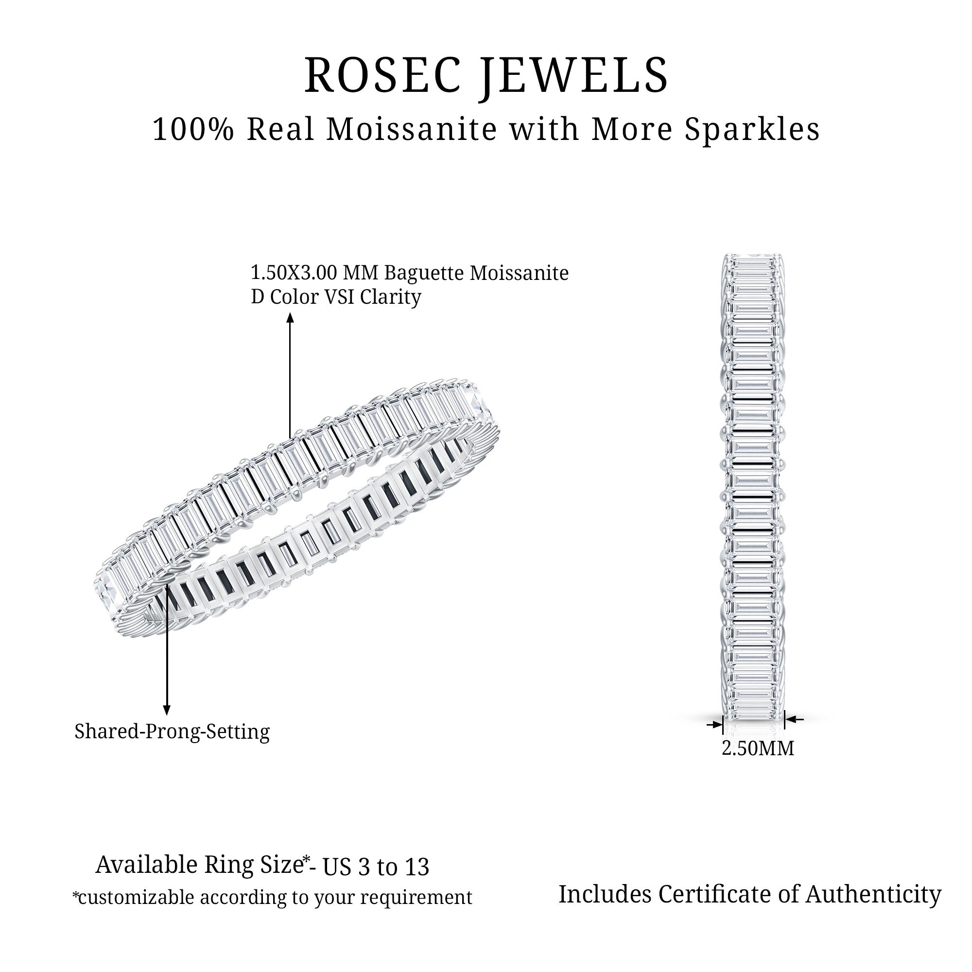 Baguette Cut Moissanite Eternity Ring in Shared Prong Setting