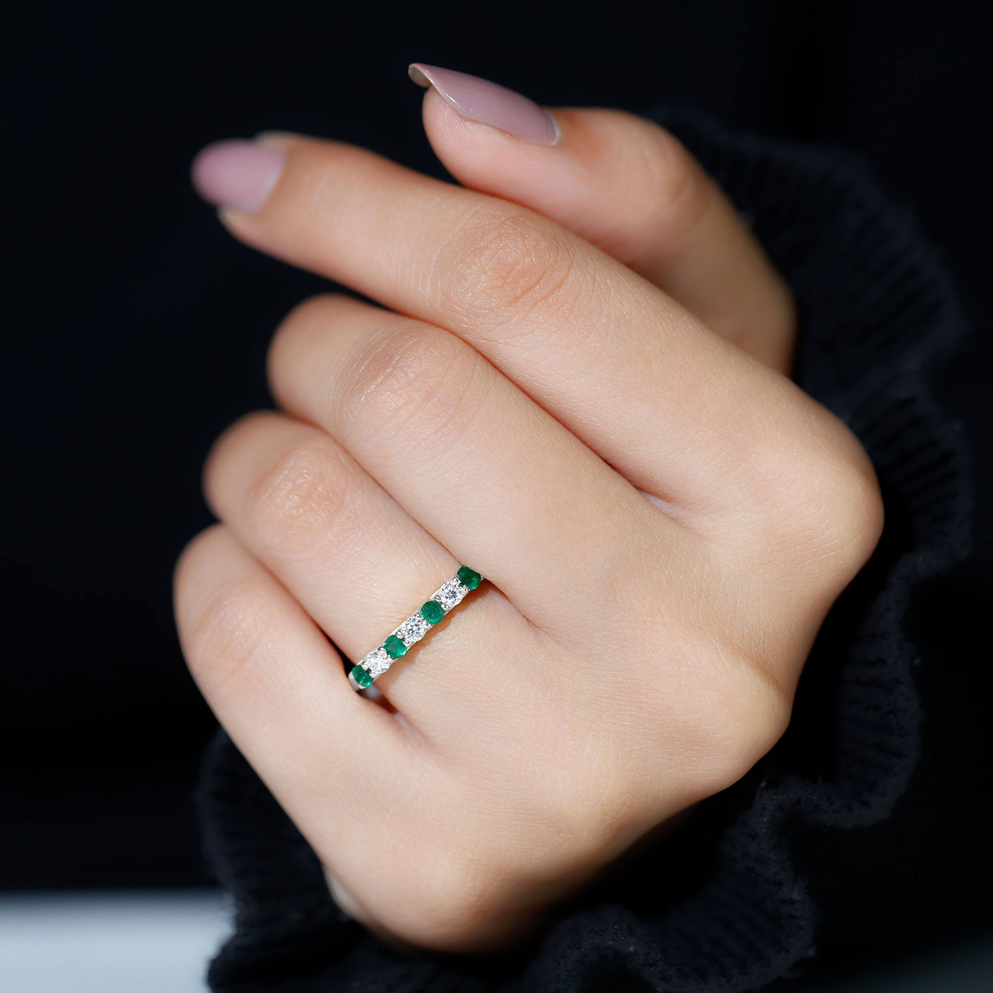 Trellis Set Round Emerald and Diamond Half Eternity Ring