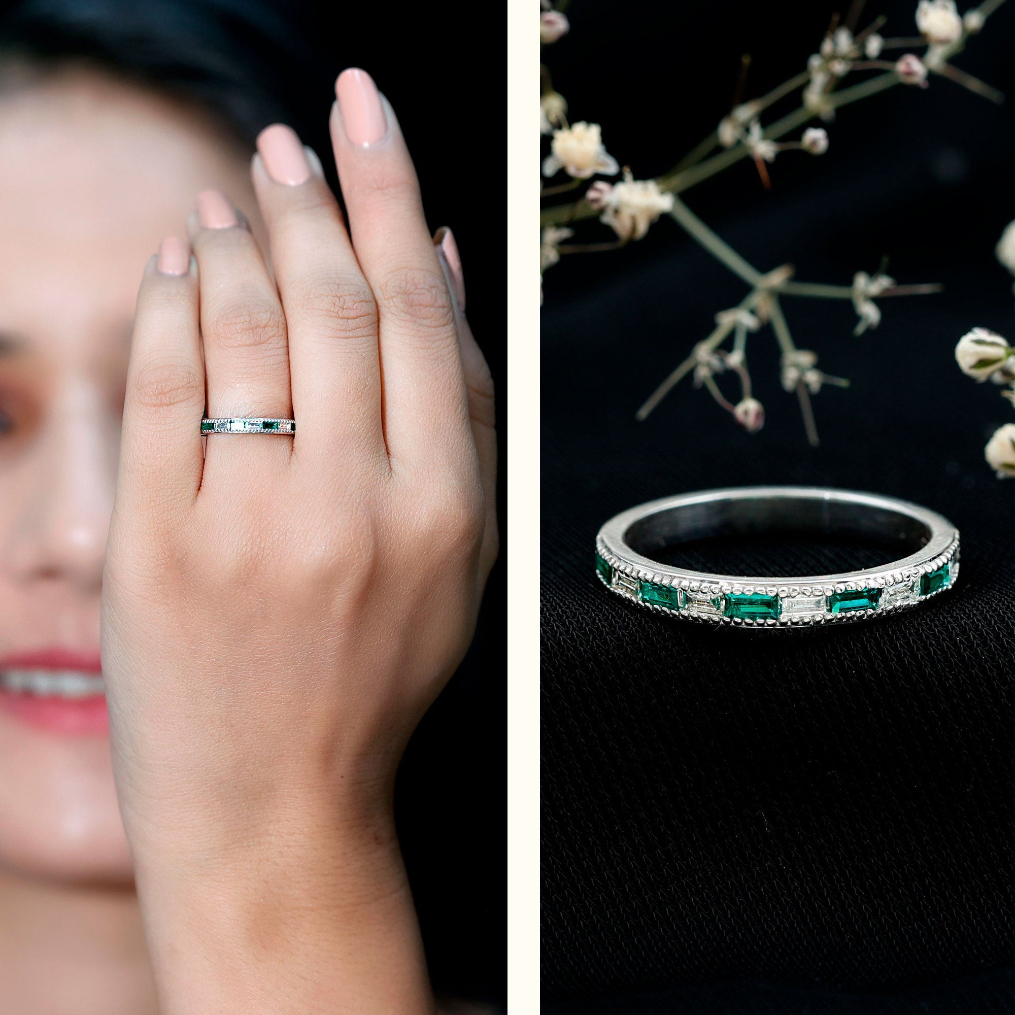 Baguette Cut Lab Grown Emerald and Diamond Band Ring