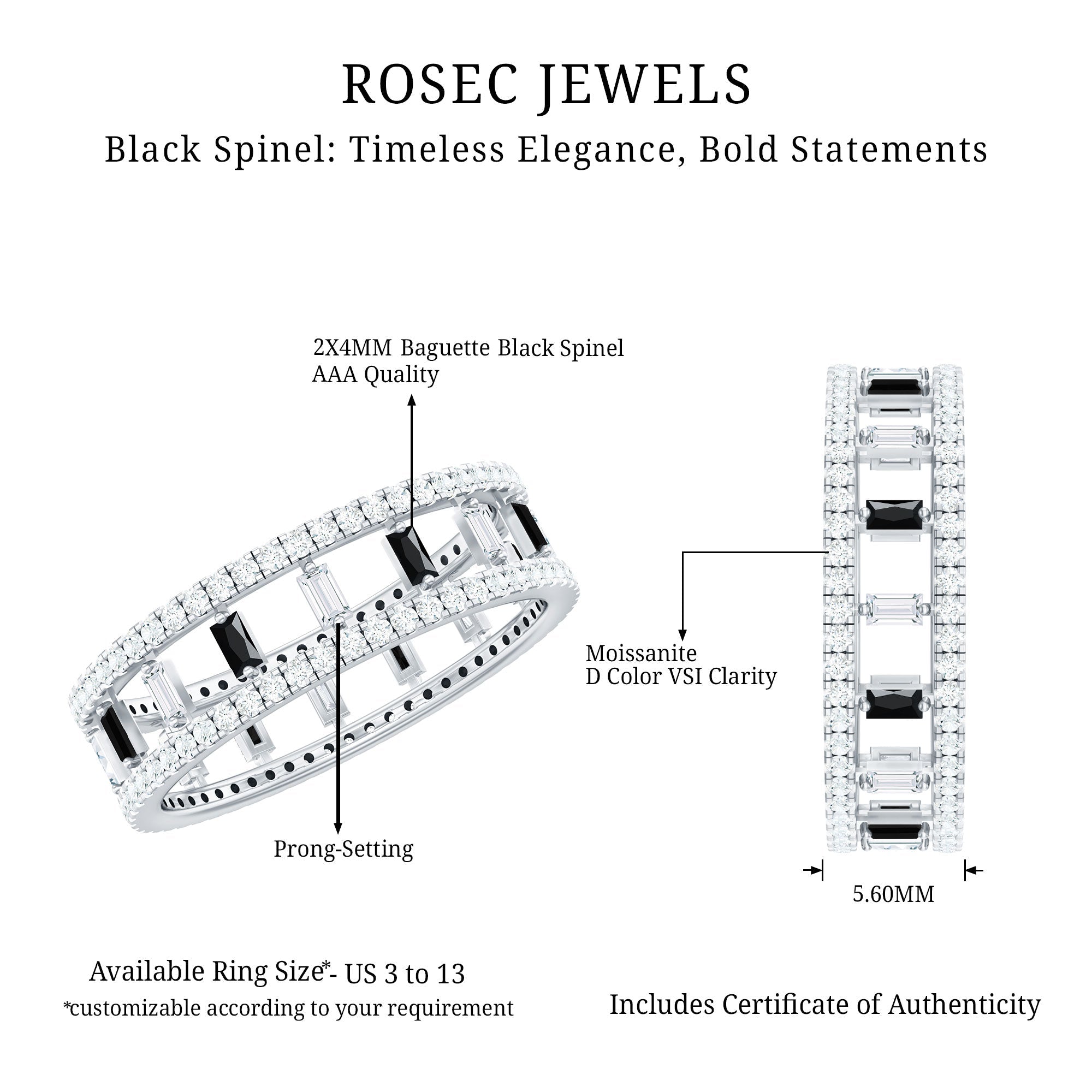 Baguette Cut Black Spinel and Moissanite Wedding Band for Women