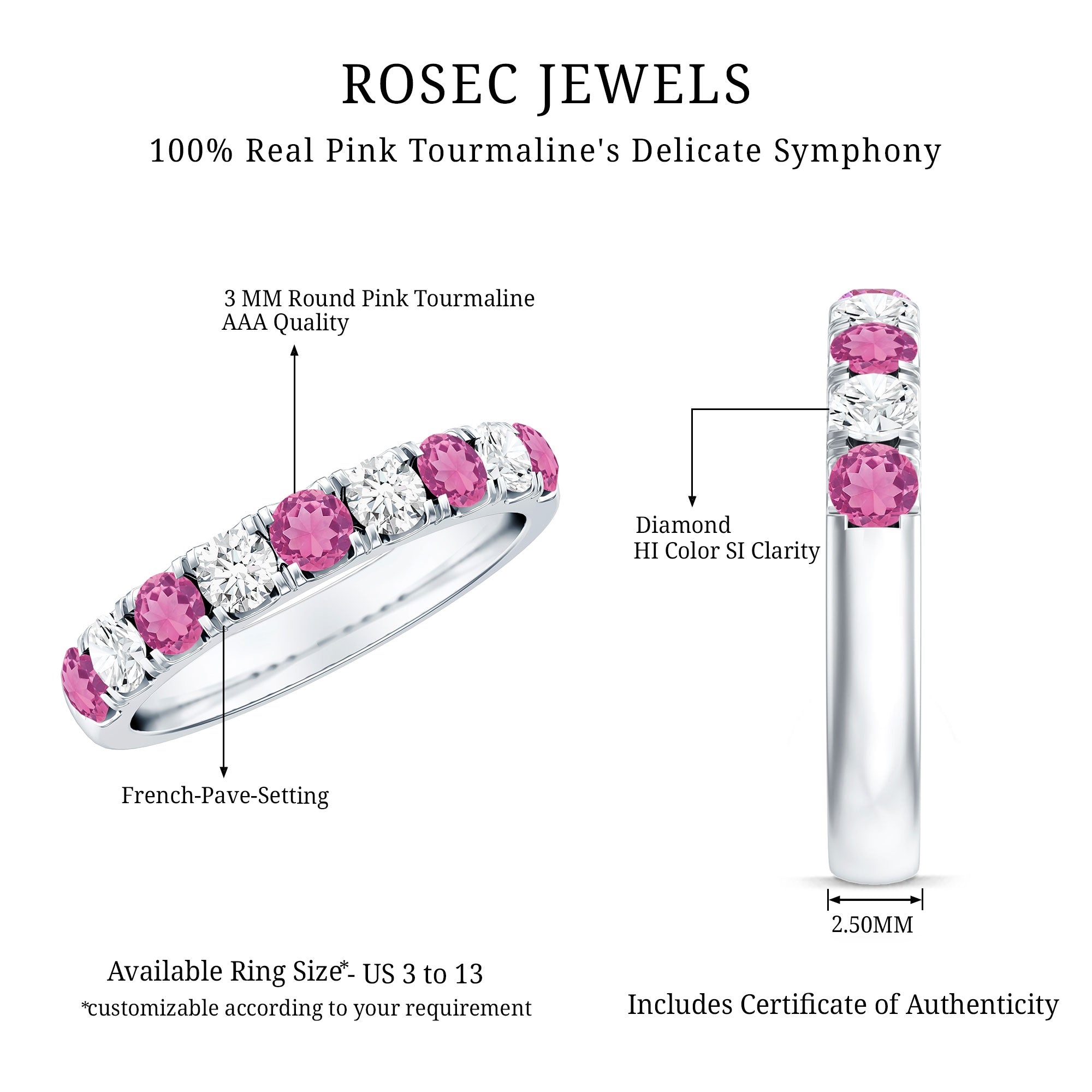 Natural Pink Tourmaline and Diamond Wedding Band Ring