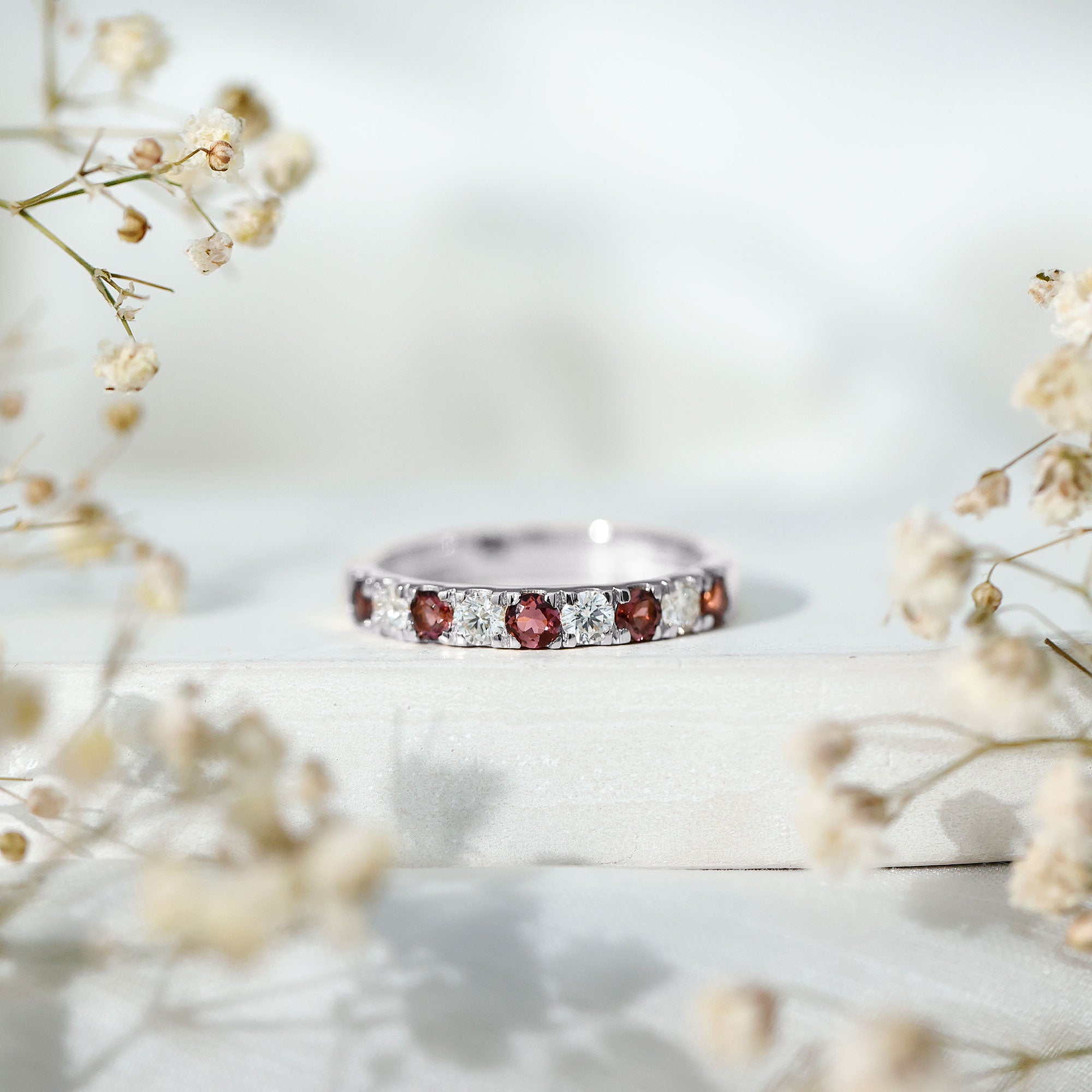 Natural Pink Tourmaline and Diamond Wedding Band Ring