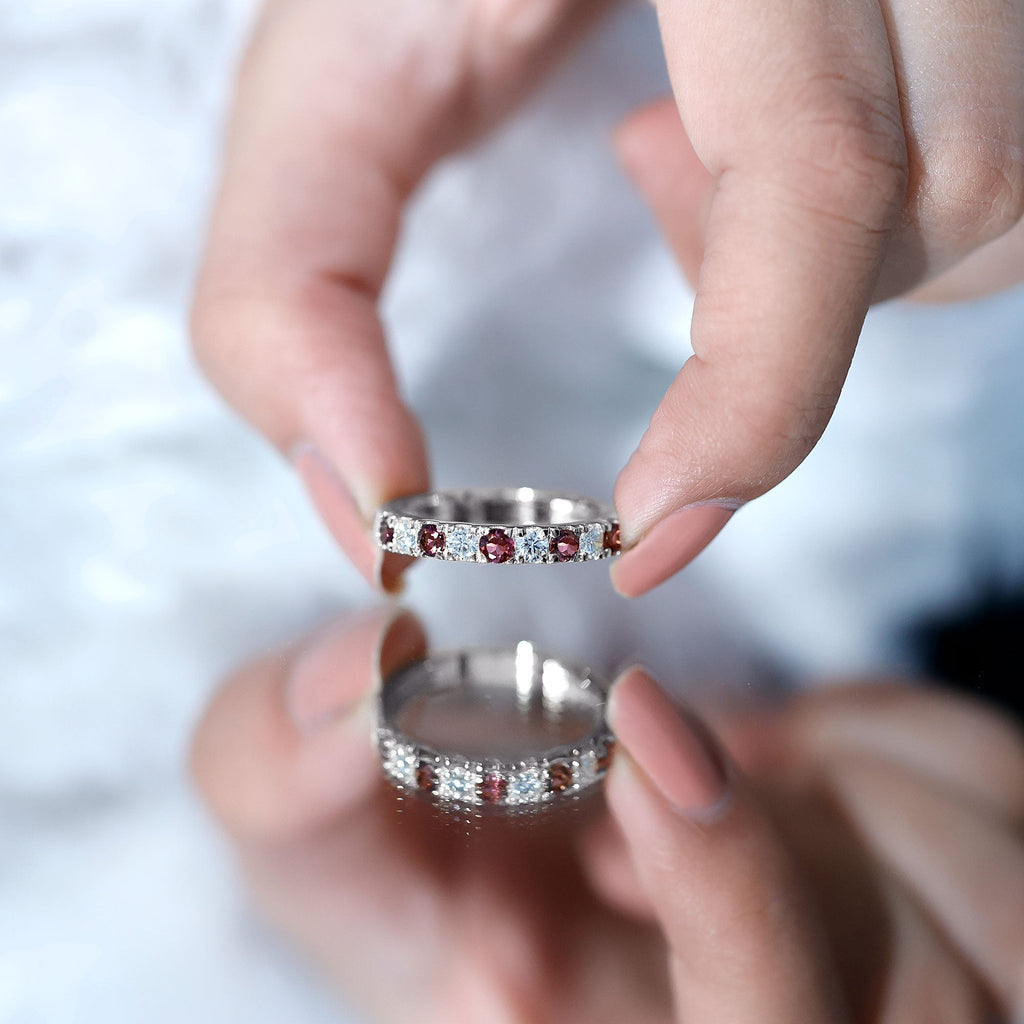 Natural Pink Tourmaline and Diamond Wedding Band Ring