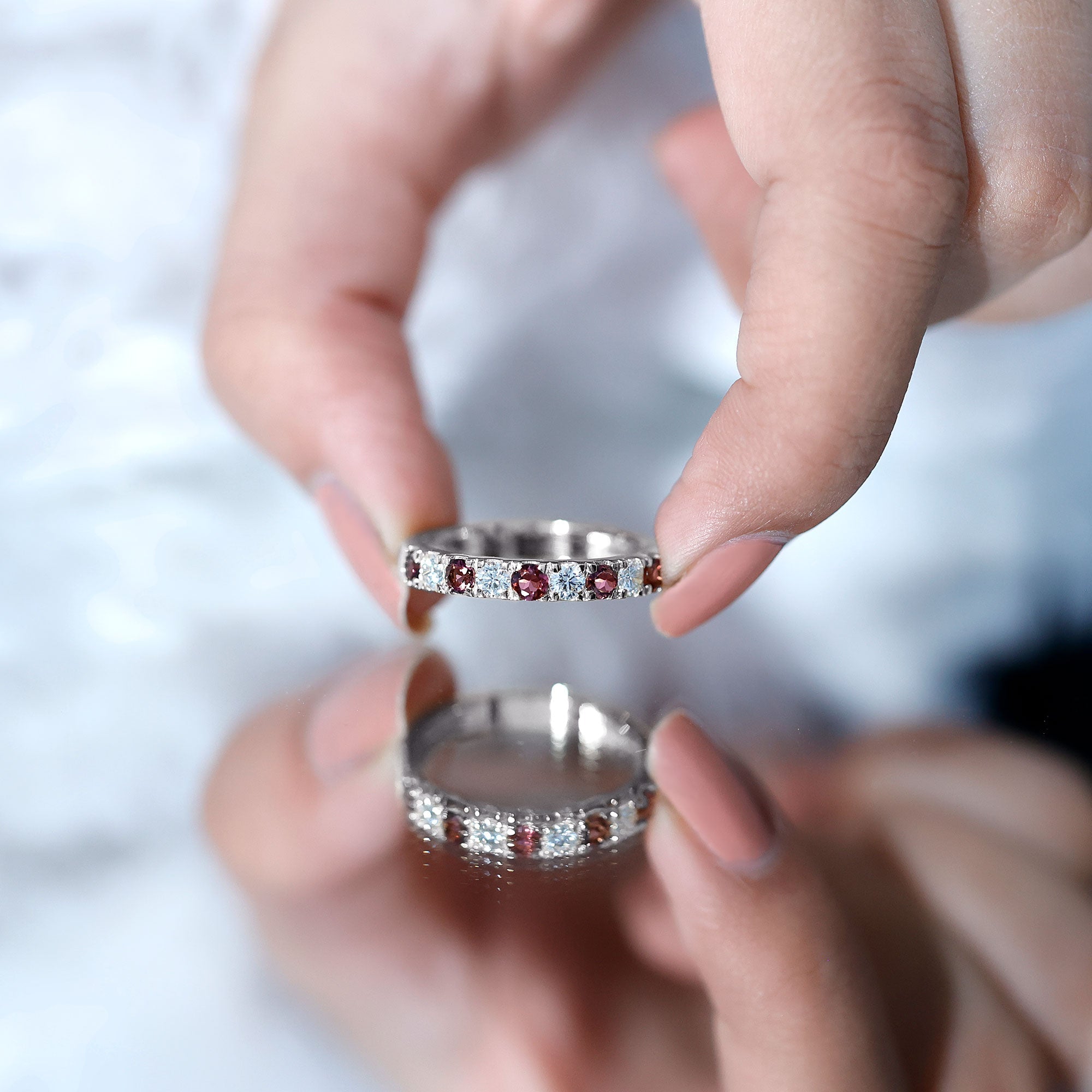 Natural Pink Tourmaline and Diamond Wedding Band Ring