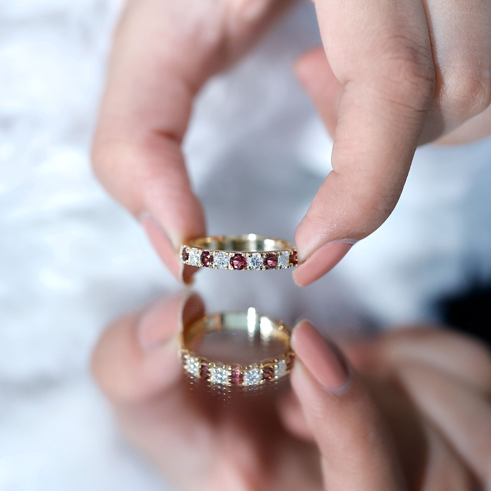Natural Pink Tourmaline and Diamond Wedding Band Ring