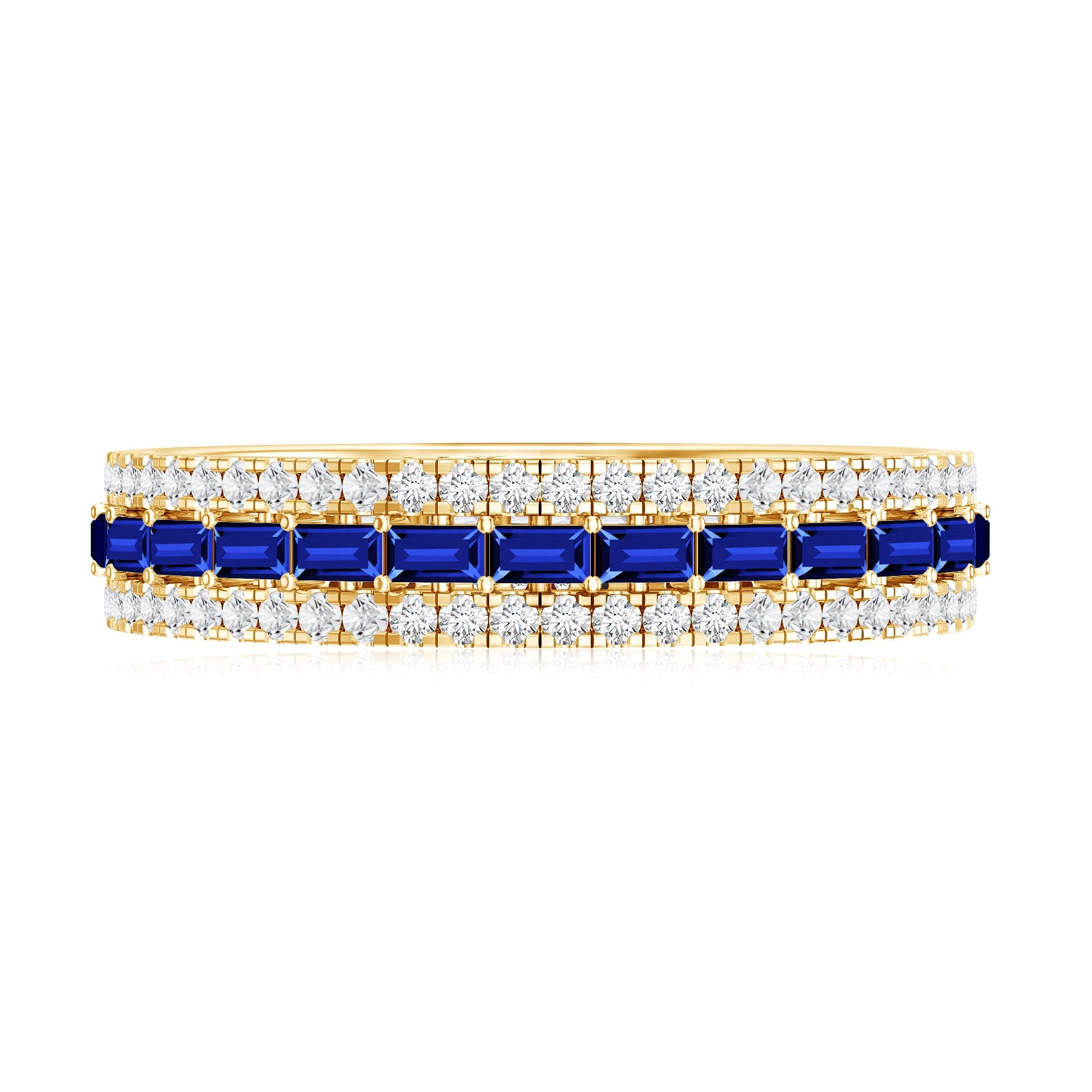 Baguette Cut Lab Grown Blue Sapphire and Moissanite Wedding Band
