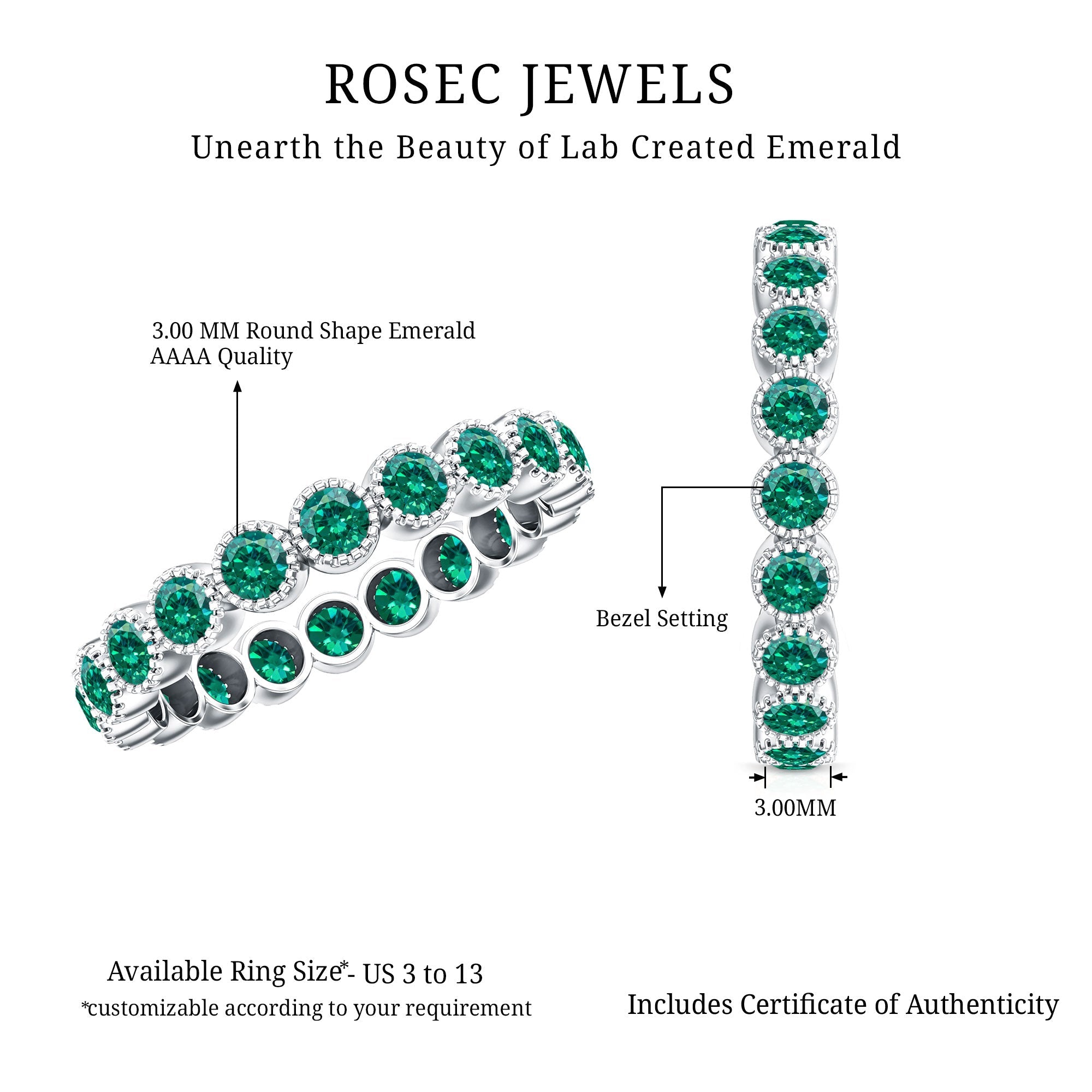 Certified Lab Created Emerald Full Eternity Band Ring in Bezel Setting