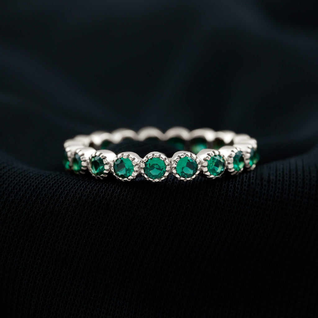 Certified Lab Created Emerald Full Eternity Band Ring in Bezel Setting