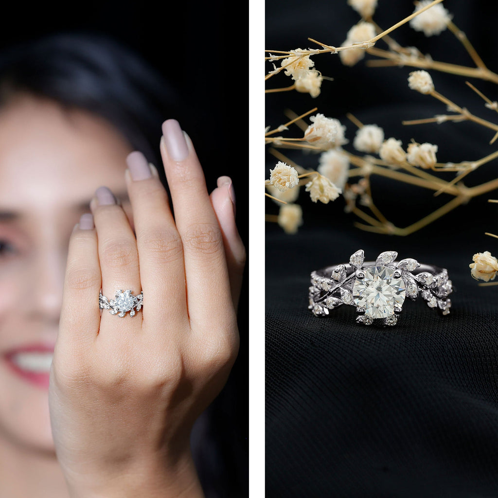 1.3 Carat Round Cut Moissanite Vine Engagement Ring for Women