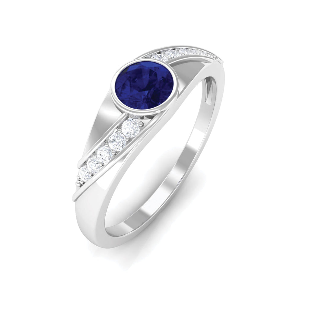 Bezel Set Blue Sapphire and Diamond Engagement Ring for Men