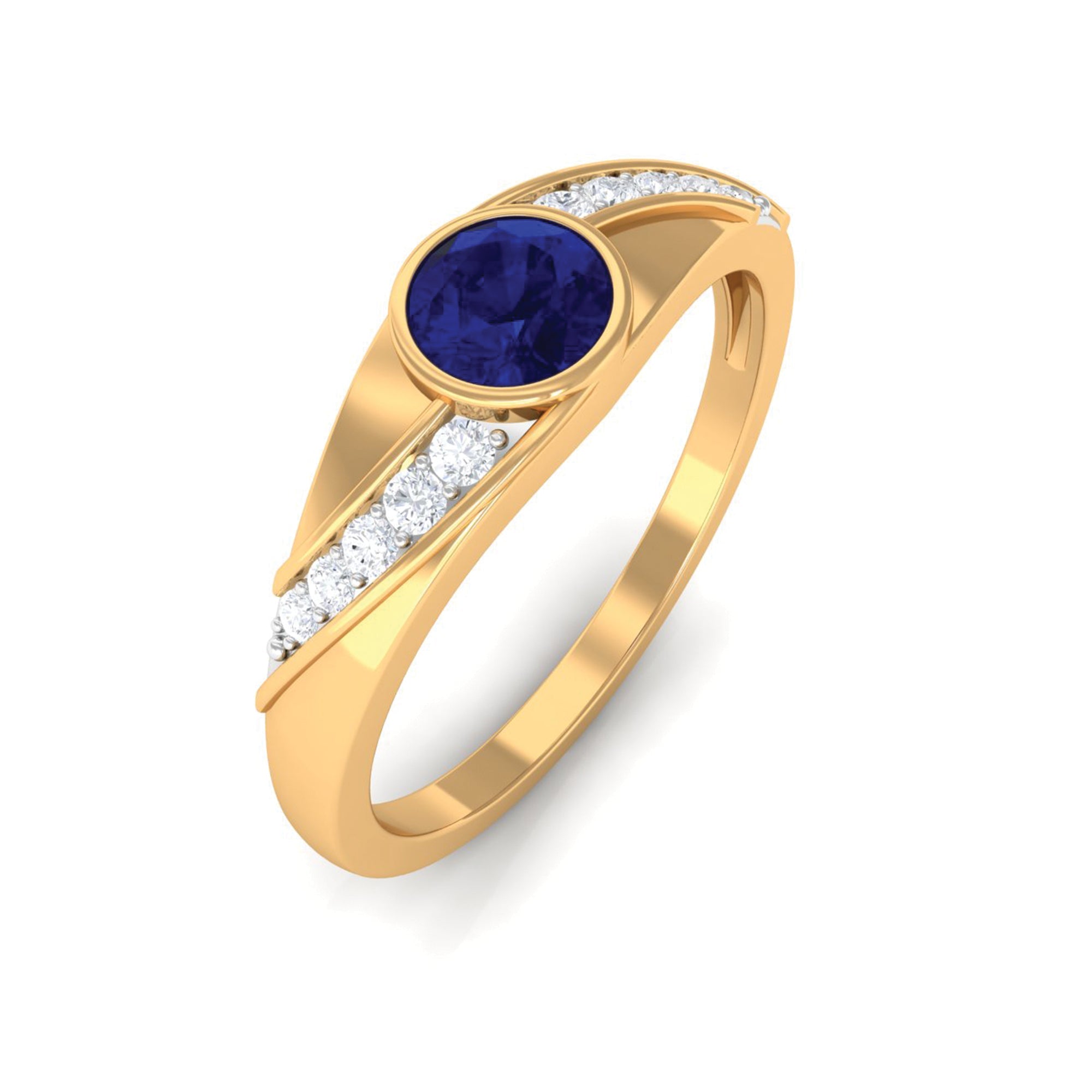 Bezel Set Blue Sapphire and Diamond Engagement Ring for Men