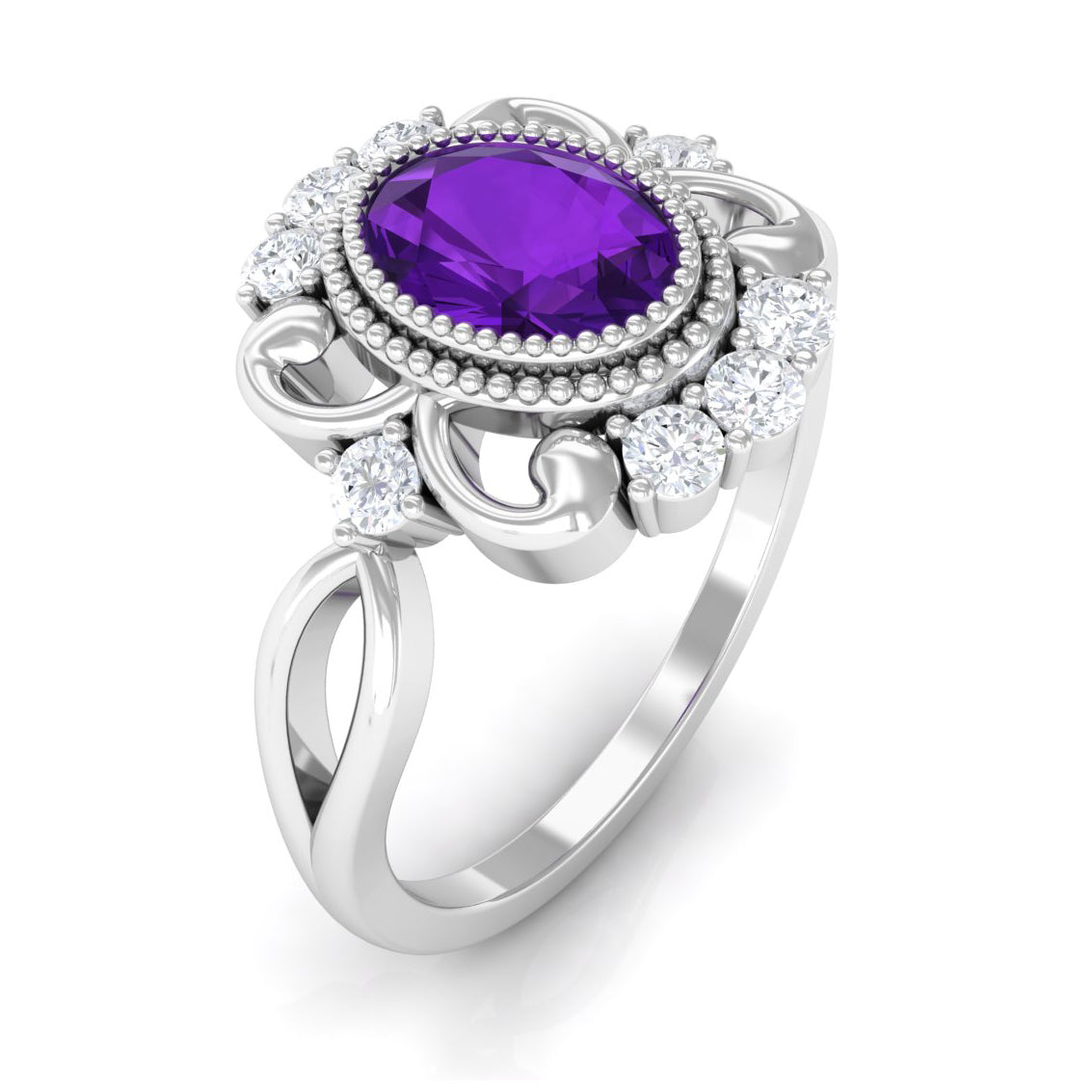 Vintage Inspired 1 Carat Amethyst Oval Engagement Ring with Diamond