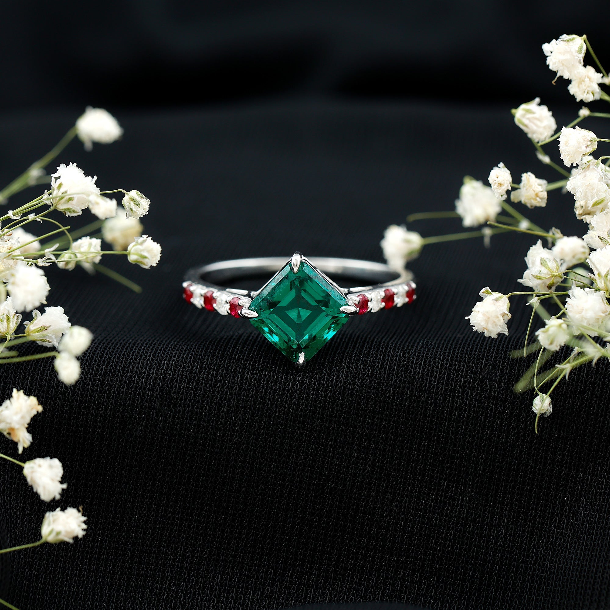6 Carat Lab Created Emerald Engagement Ring with Lab Ruby and Diamond