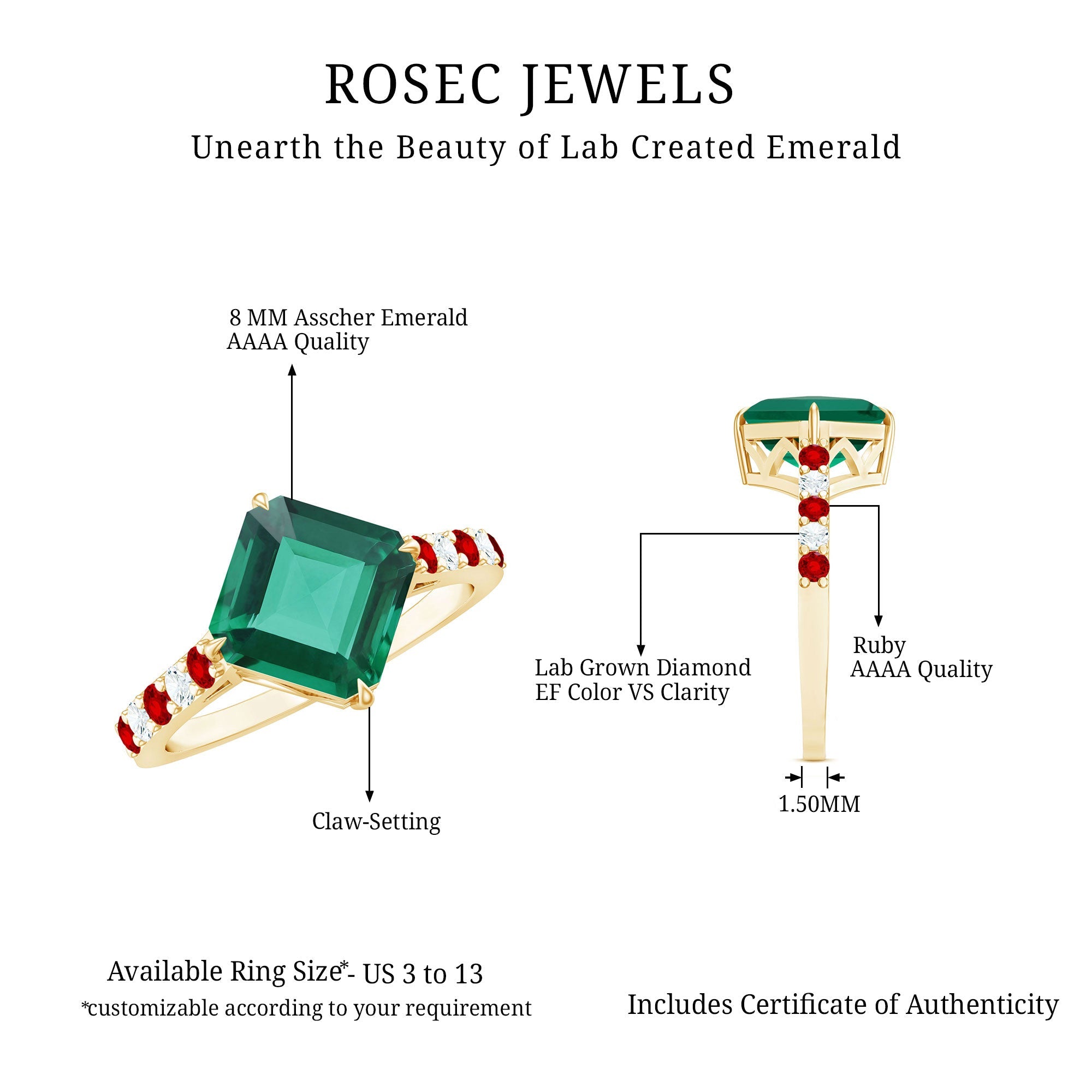 6 Carat Lab Created Emerald Engagement Ring with Lab Ruby and Diamond