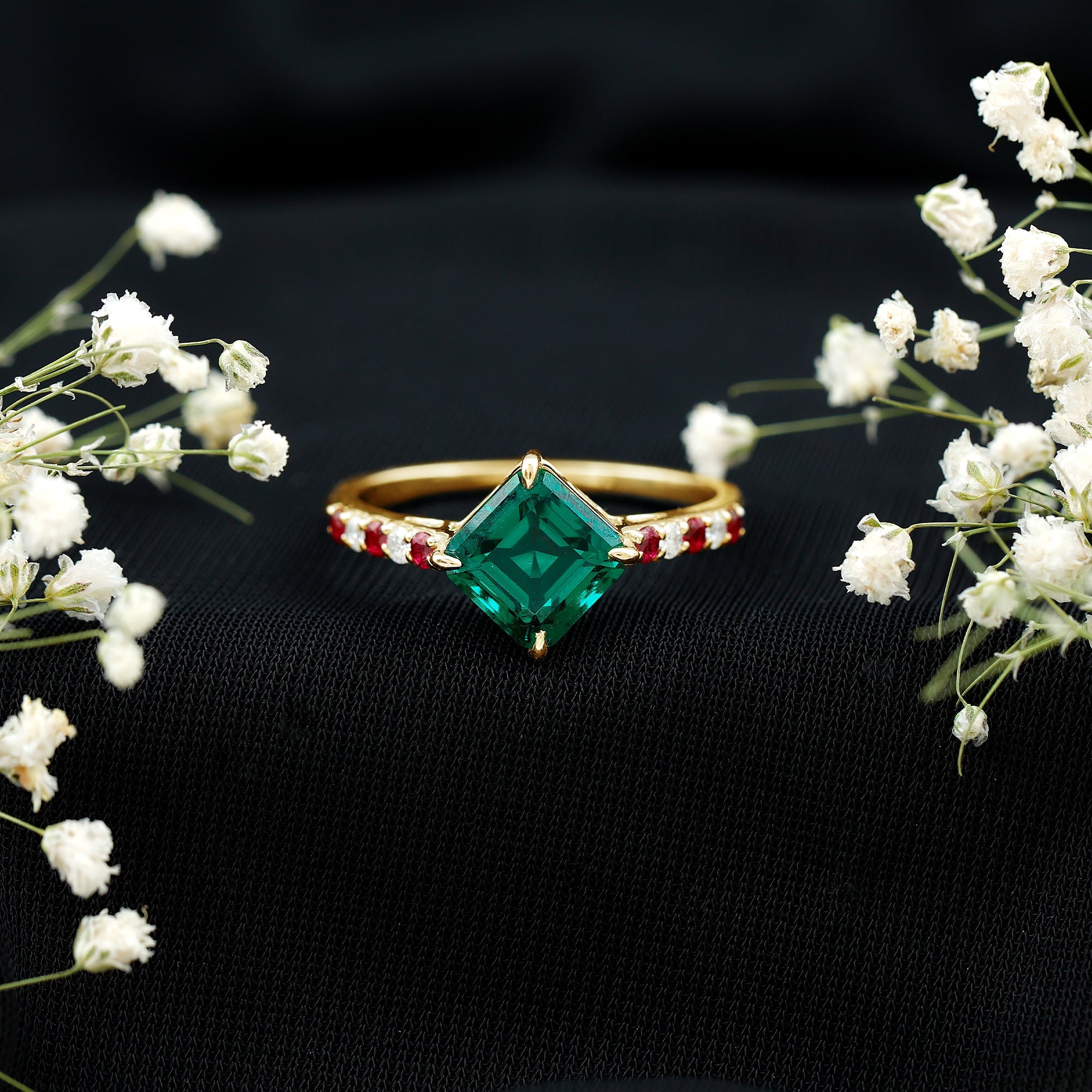 6 Carat Lab Created Emerald Engagement Ring with Lab Ruby and Diamond