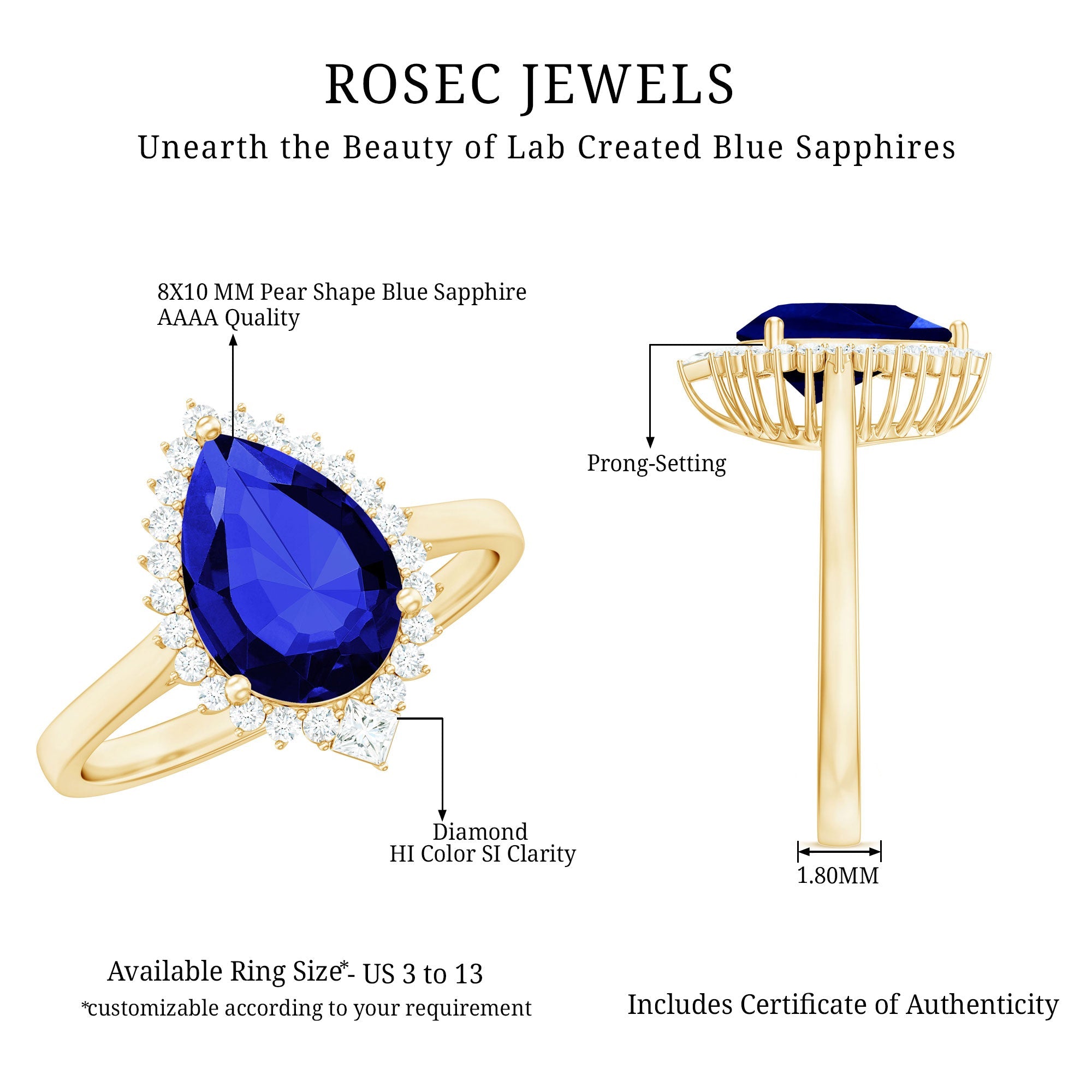 Certified 3 Carat Lab Grown Blue Sapphire Pear Shaped Engagement Ring with Diamond Halo