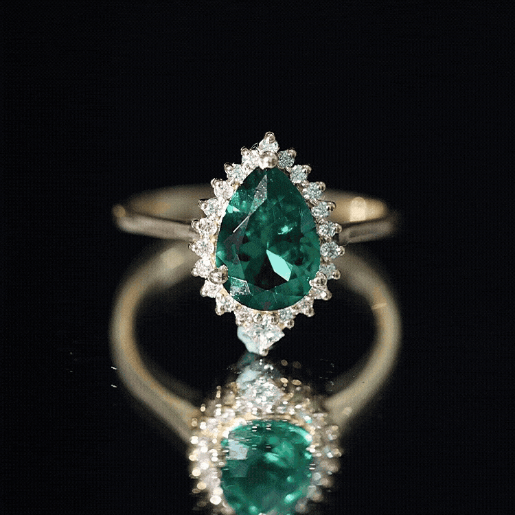 Certified 7X10 mm Lab Grown Emerald Teardrop Engagement Ring with Diamond Halo
