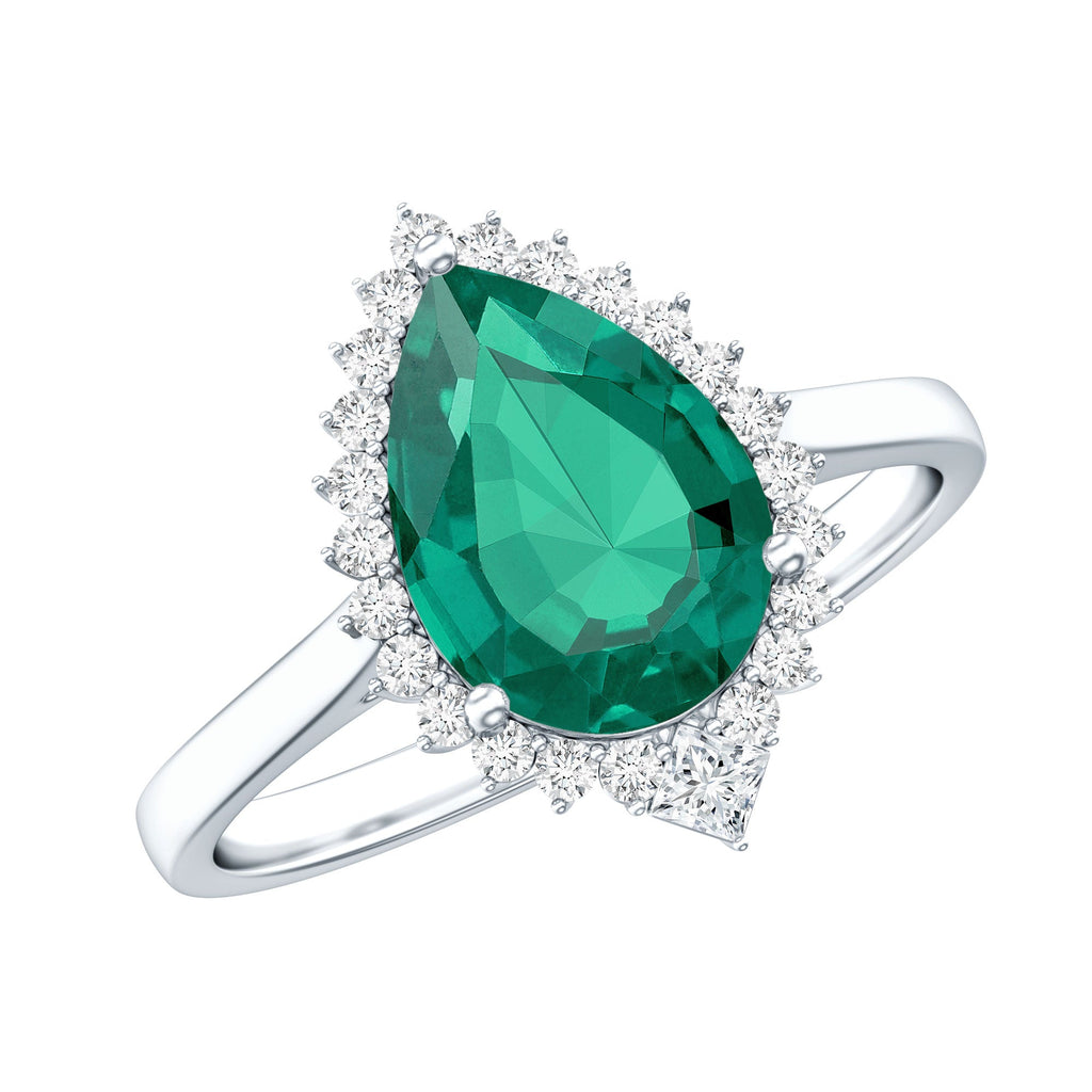 Certified 7X10 mm Lab Grown Emerald Teardrop Engagement Ring with Diamond Halo