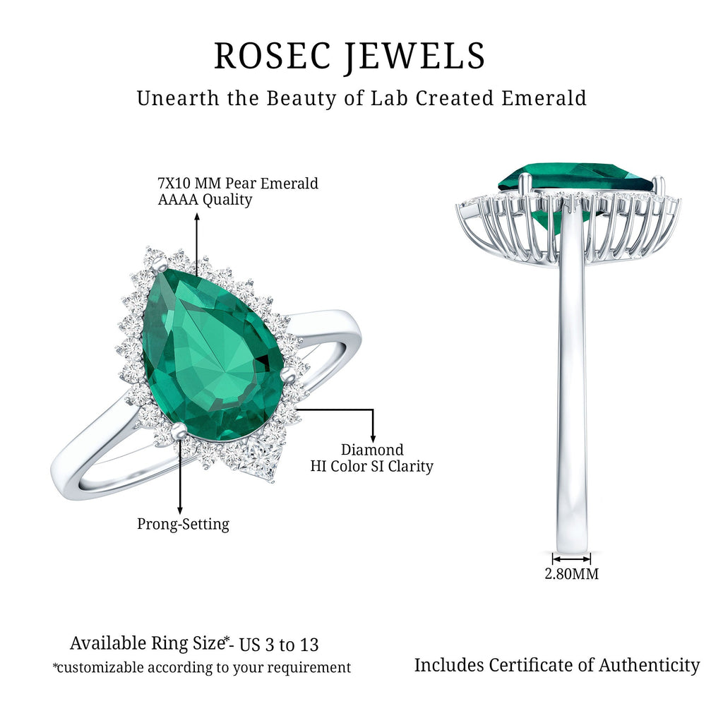 Certified 7X10 mm Lab Grown Emerald Teardrop Engagement Ring with Diamond Halo