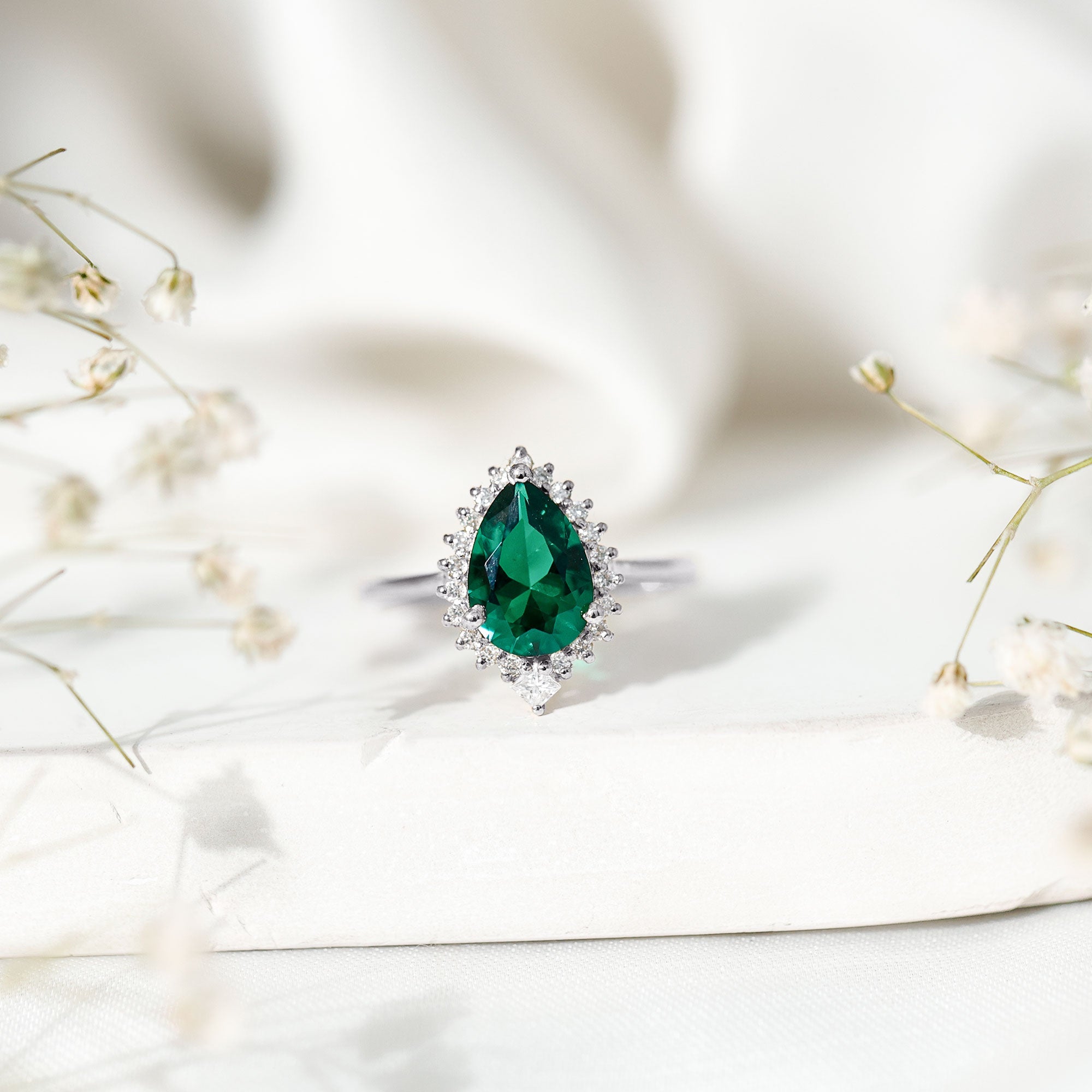 Certified 7X10 mm Lab Grown Emerald Teardrop Engagement Ring with Diamond Halo