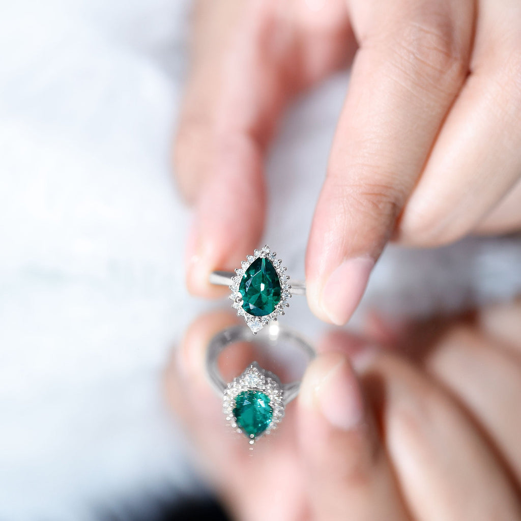 Certified 7X10 mm Lab Grown Emerald Teardrop Engagement Ring with Diamond Halo