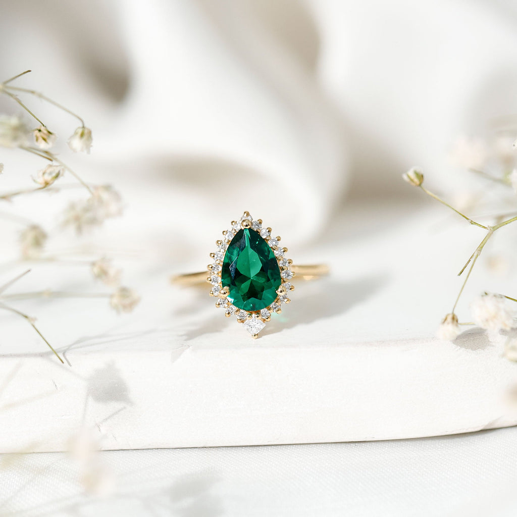 Certified 7X10 mm Lab Grown Emerald Teardrop Engagement Ring with Diamond Halo