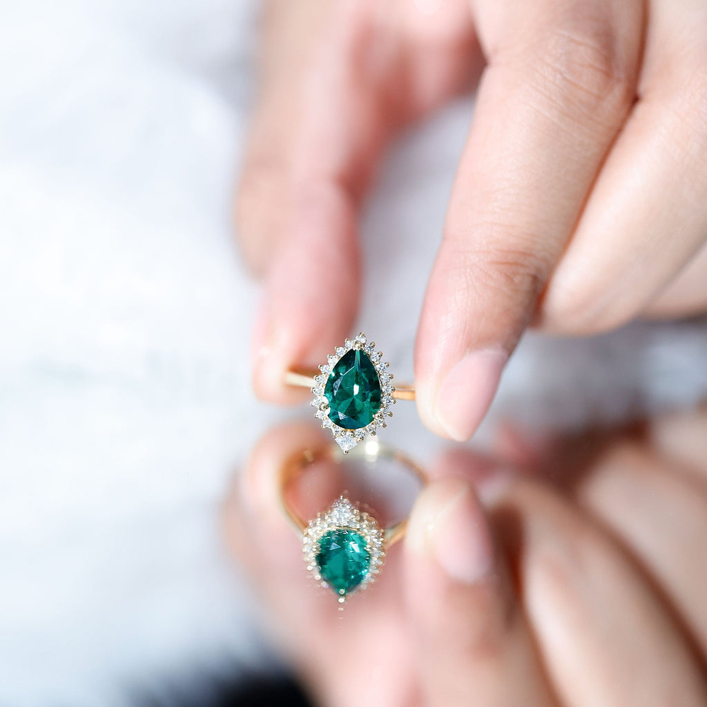 Certified 7X10 mm Lab Grown Emerald Teardrop Engagement Ring with Diamond Halo