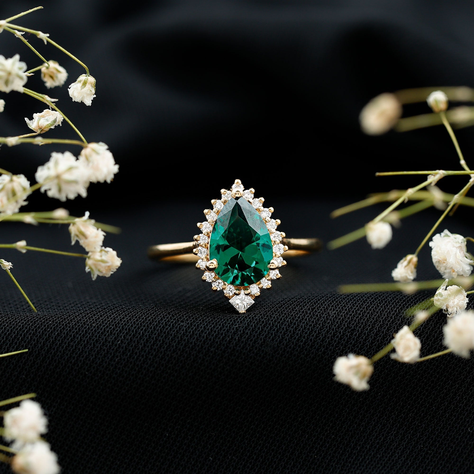 Certified 7X10 mm Lab Grown Emerald Teardrop Engagement Ring with Diamond Halo