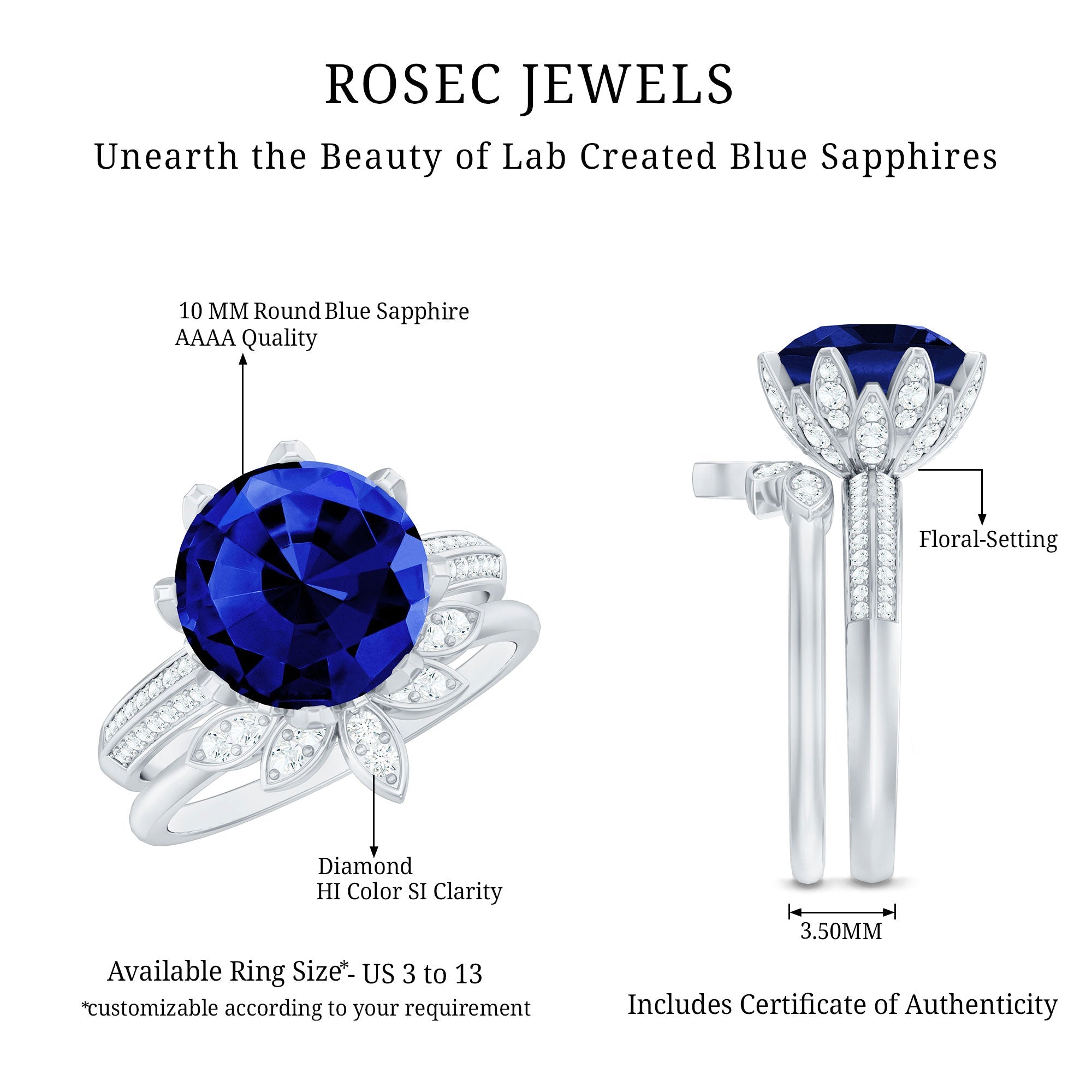 Nature Inspired 4.5 Carat Lab Grown Blue Sapphire Diamond Engagement Ring with Enhancer