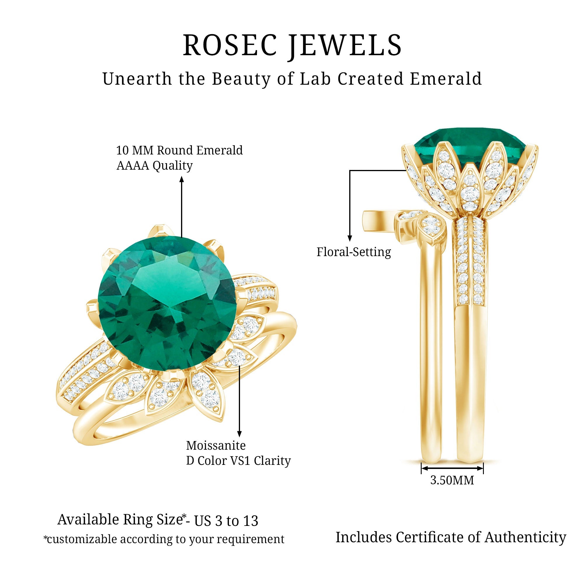 Floral Inspired Lab Grown Emerald Bridal Engagement Ring With Moissanite Enhancer