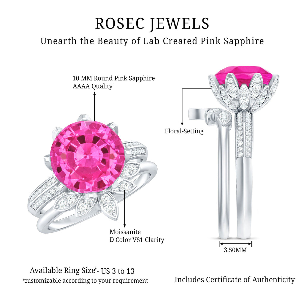 Floral Inspired Lab Grown Pink Sapphire Bridal Wedding Ring Set With Moissanite