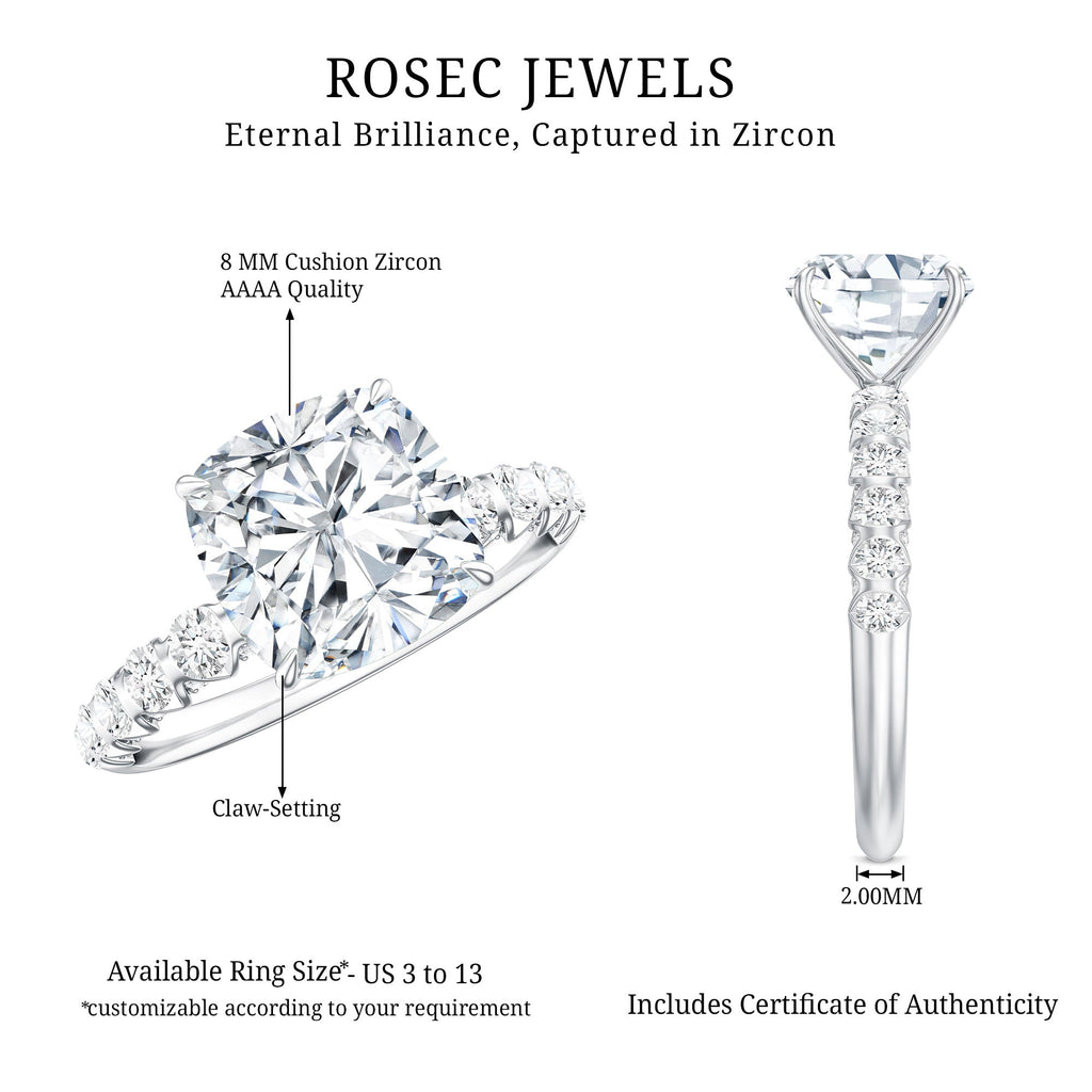 Cushion Cut Zircon Engagement Ring with Side Stones