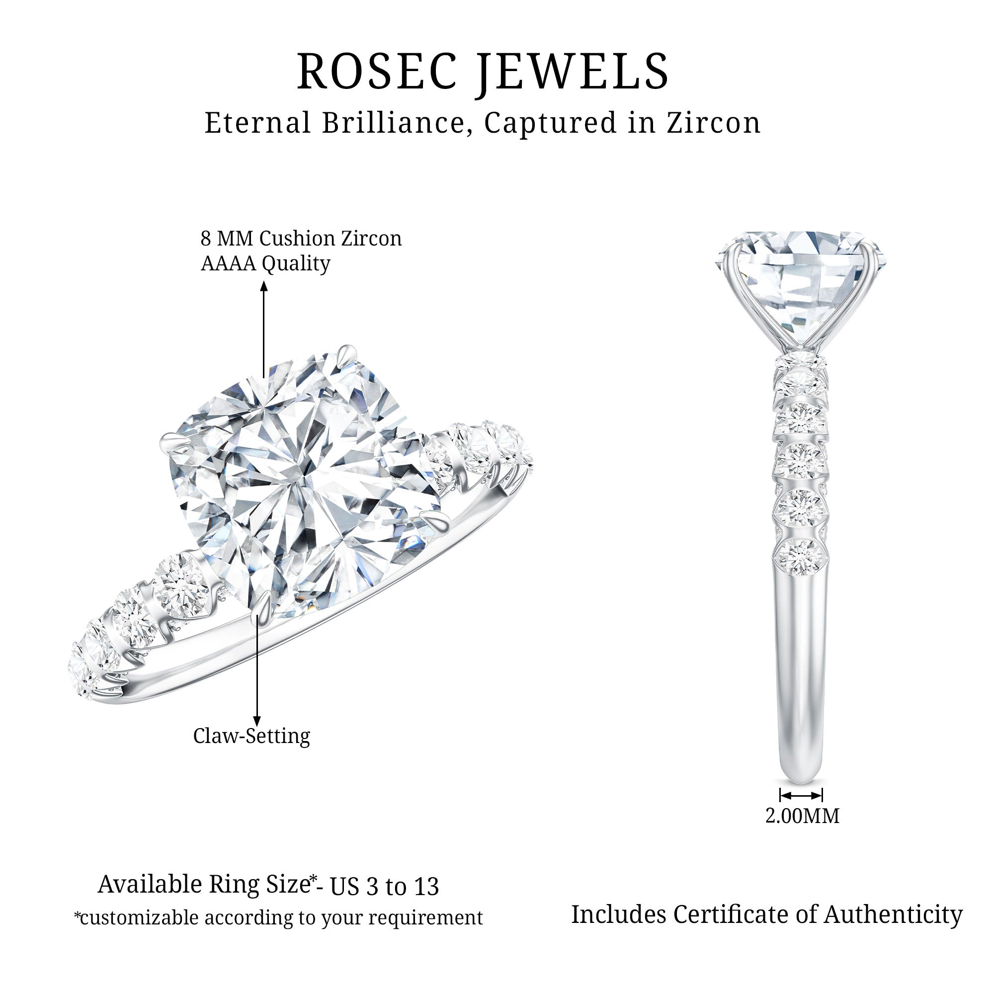 Cushion Cut Zircon Engagement Ring with Side Stones