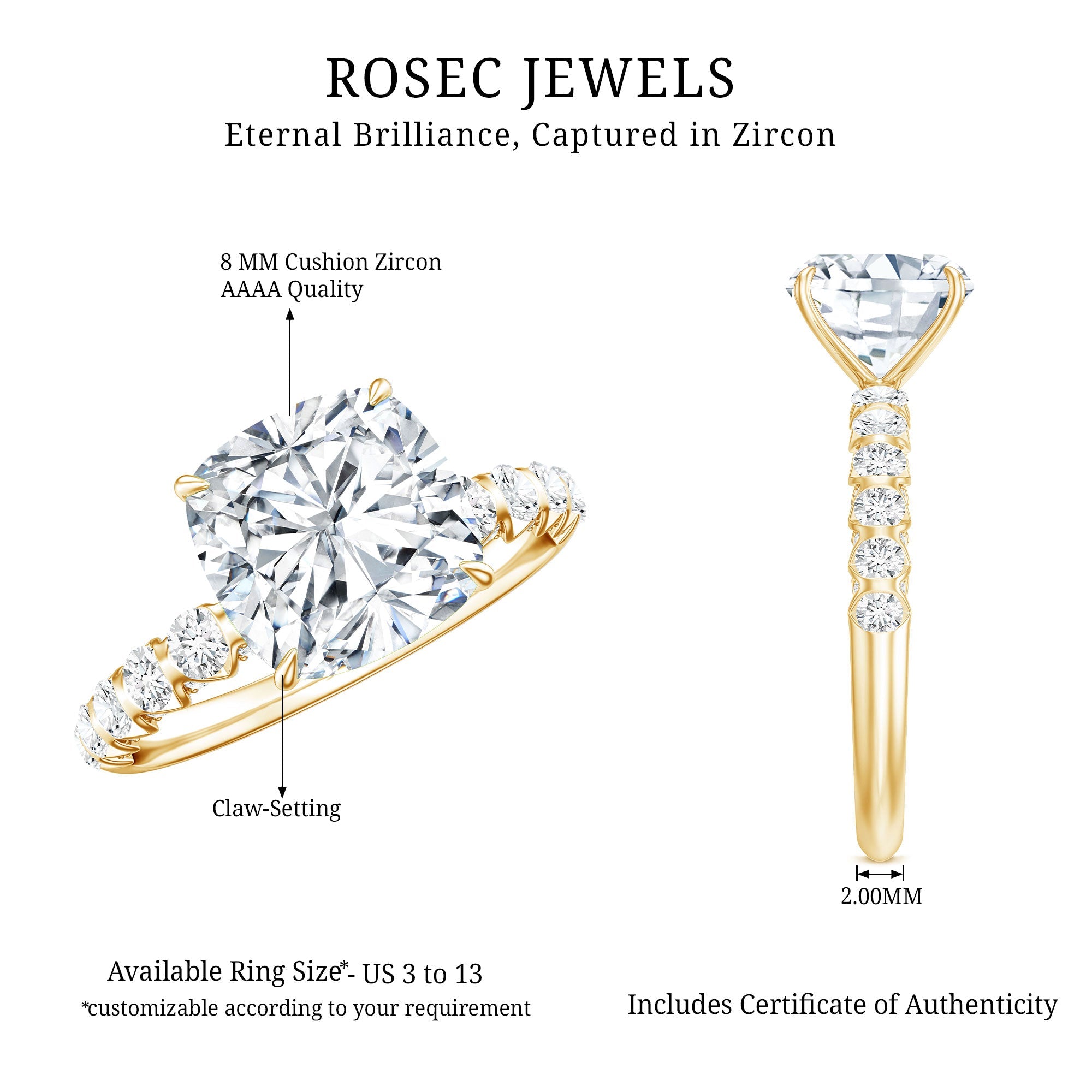 Cushion Cut Zircon Engagement Ring with Side Stones