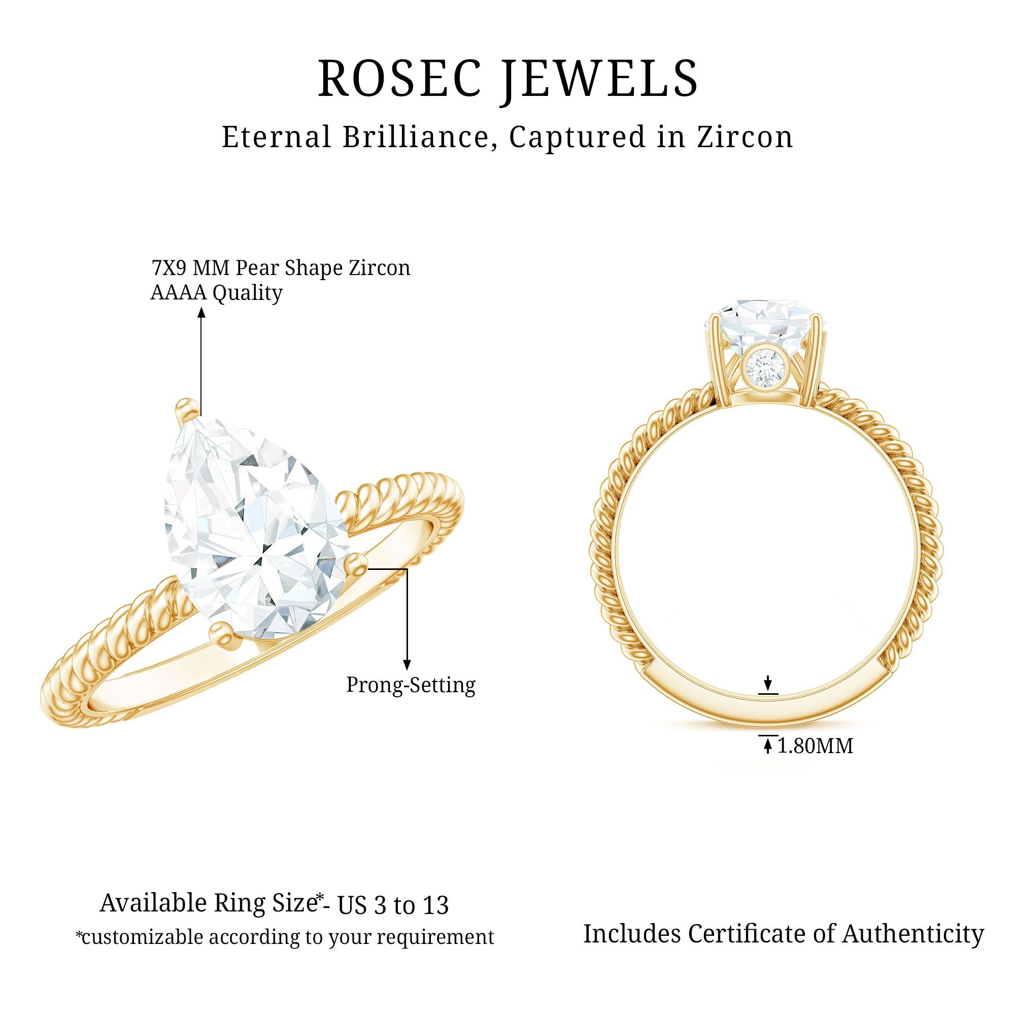 Certified Pear Zircon Solitaire Engagement Ring
