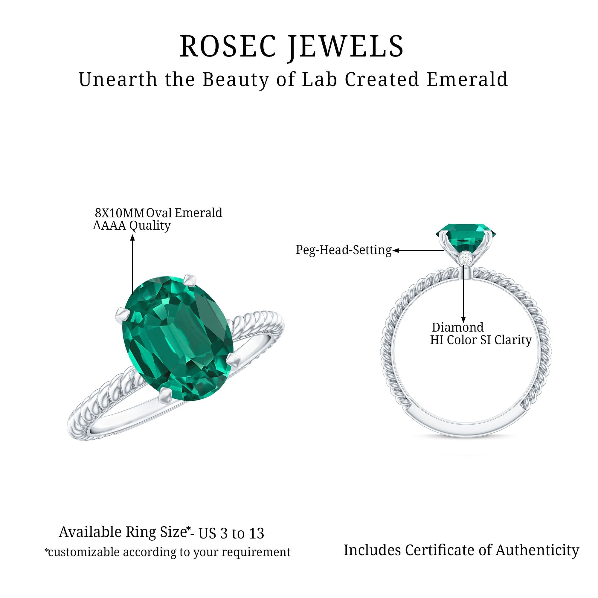 Certified 8X10 mm Oval Lab Grown Emerald Ring for Engagement