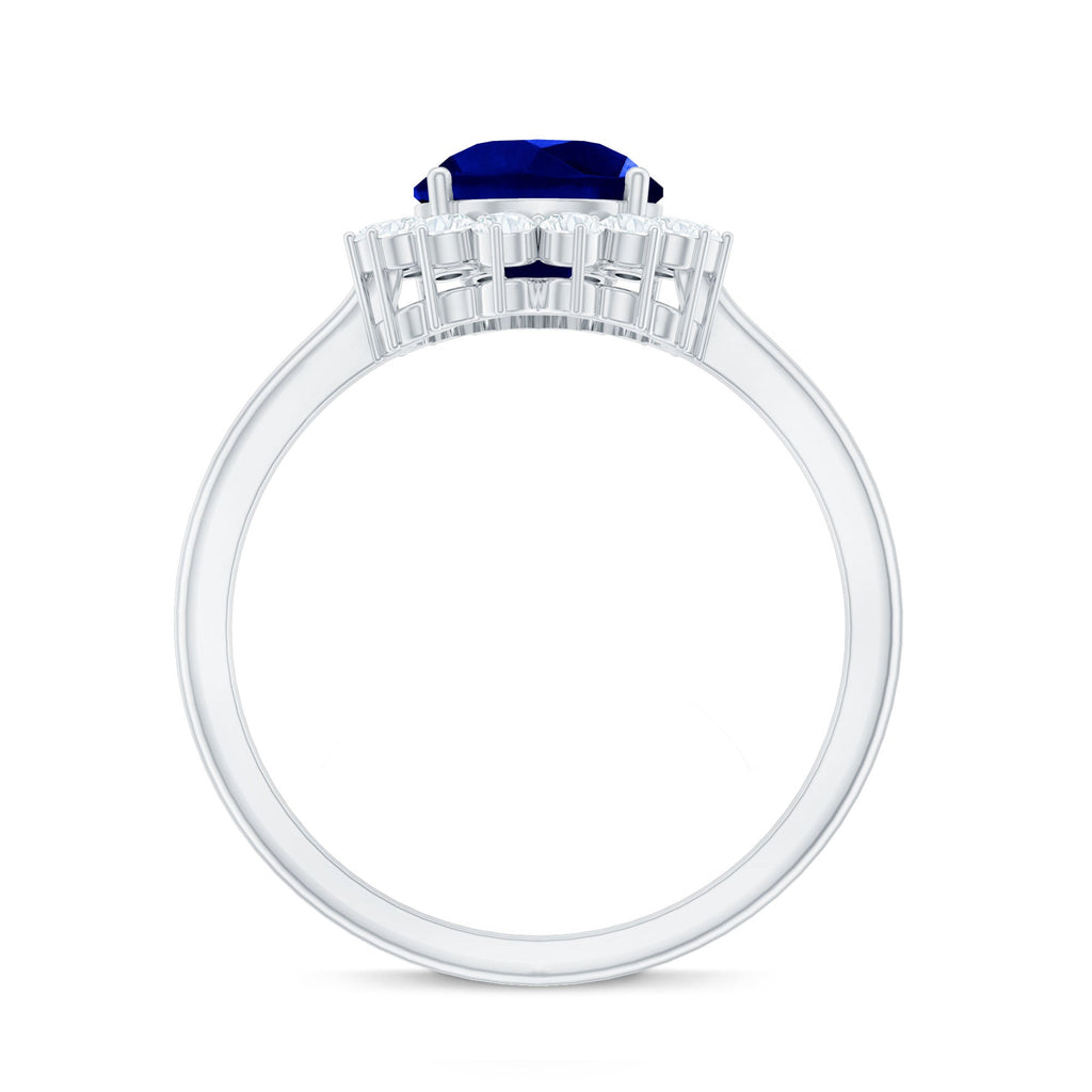 Certified 3.3 Carat Lab Grown Pear Shaped Blue Sapphire Engagement Ring with Diamond Halo