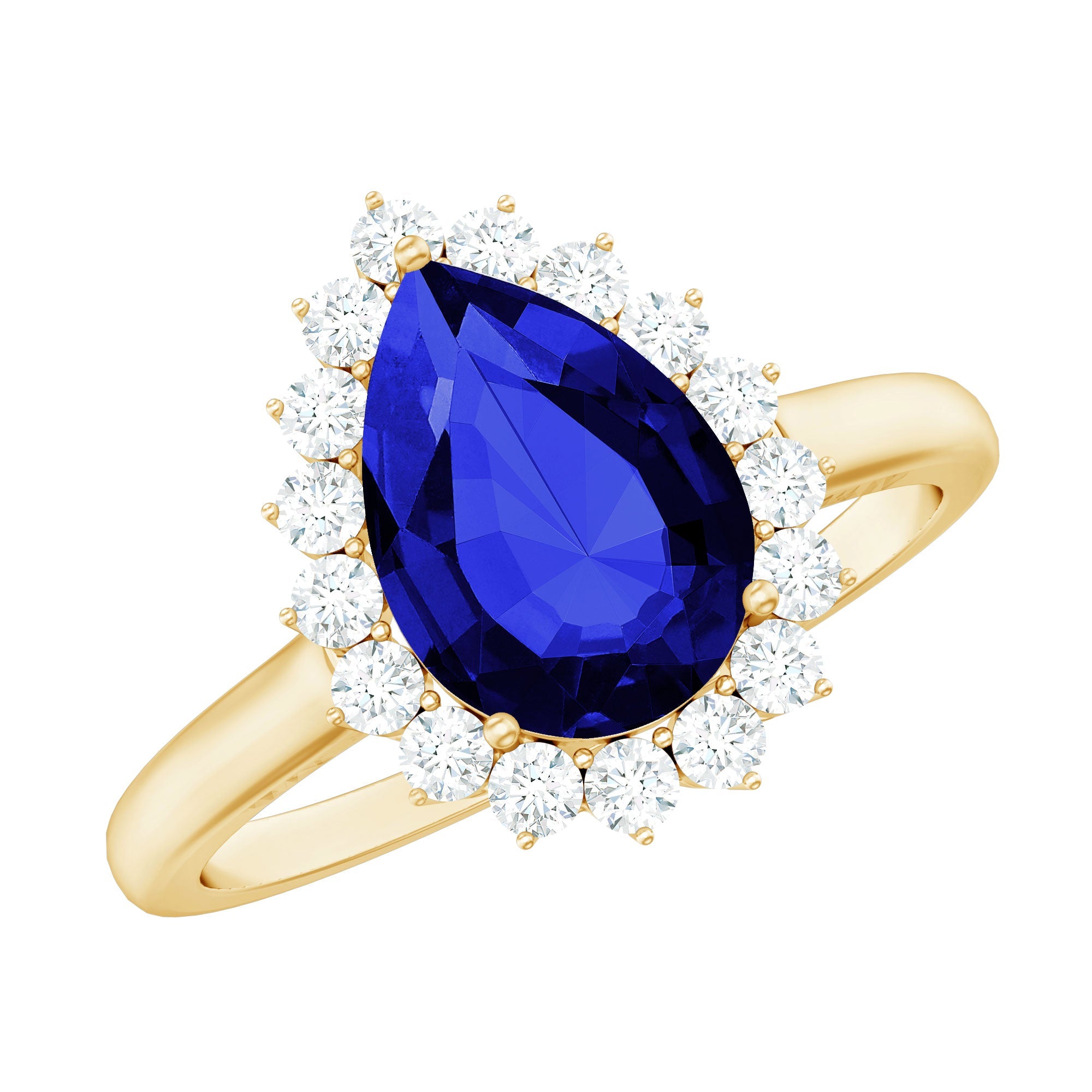 Certified 3.3 Carat Lab Grown Pear Shaped Blue Sapphire Engagement Ring with Diamond Halo
