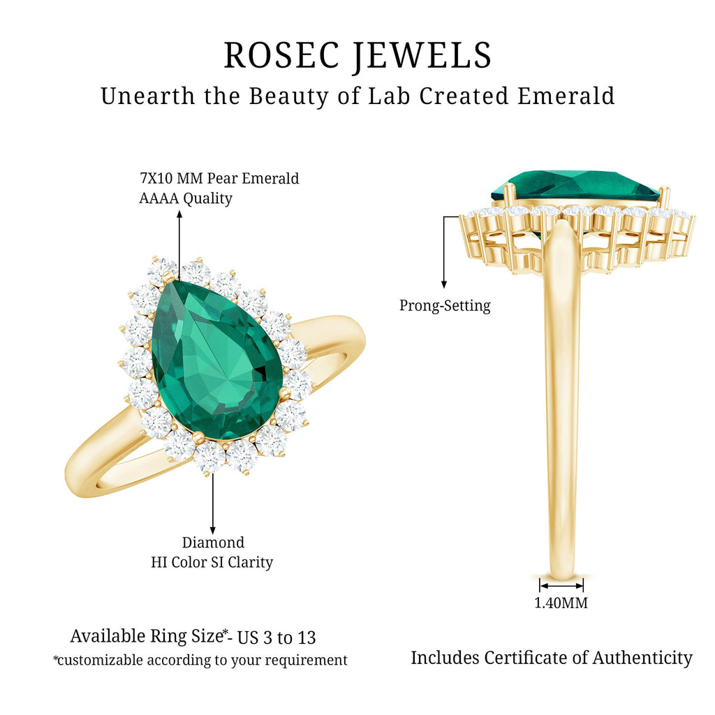 2 Carat Pear Cut Lab Created Emerald Halo Engagement Ring with Diamond