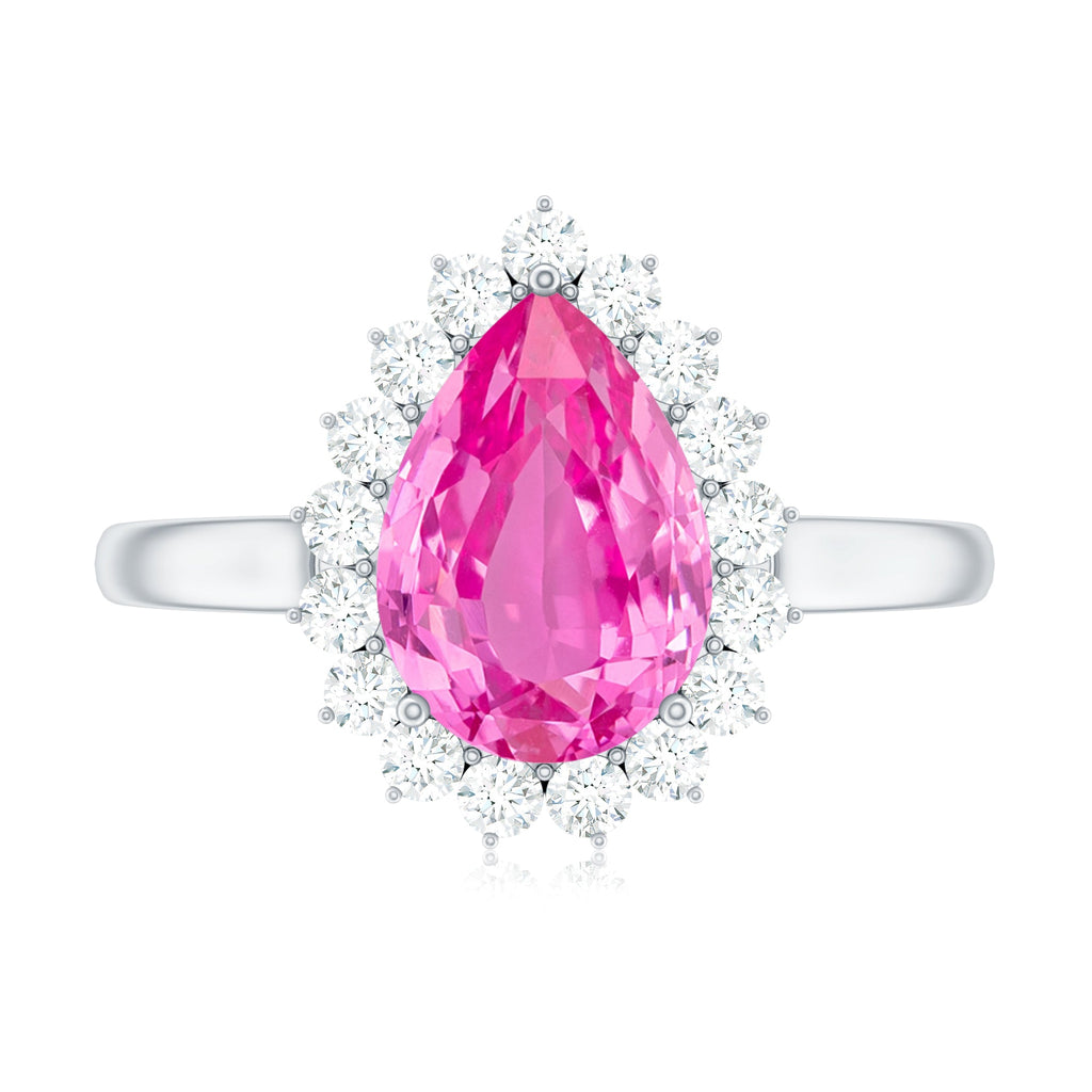 Pear Created Pink Sapphire and Diamond Halo Engagement Ring