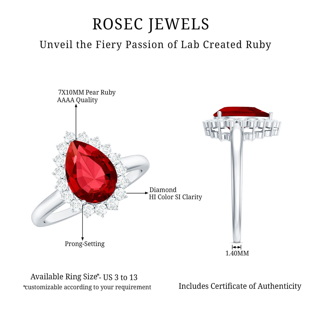 Certified 2.9 Carat Lab Grown Ruby Teardrop Engagement Ring with Diamond Halo