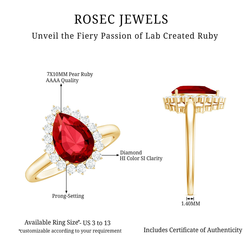 Certified 2.9 Carat Lab Grown Ruby Teardrop Engagement Ring with Diamond Halo