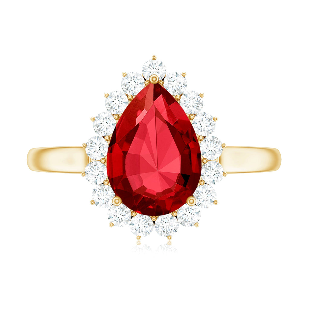 Certified 2.9 Carat Lab Grown Ruby Teardrop Engagement Ring with Diamond Halo