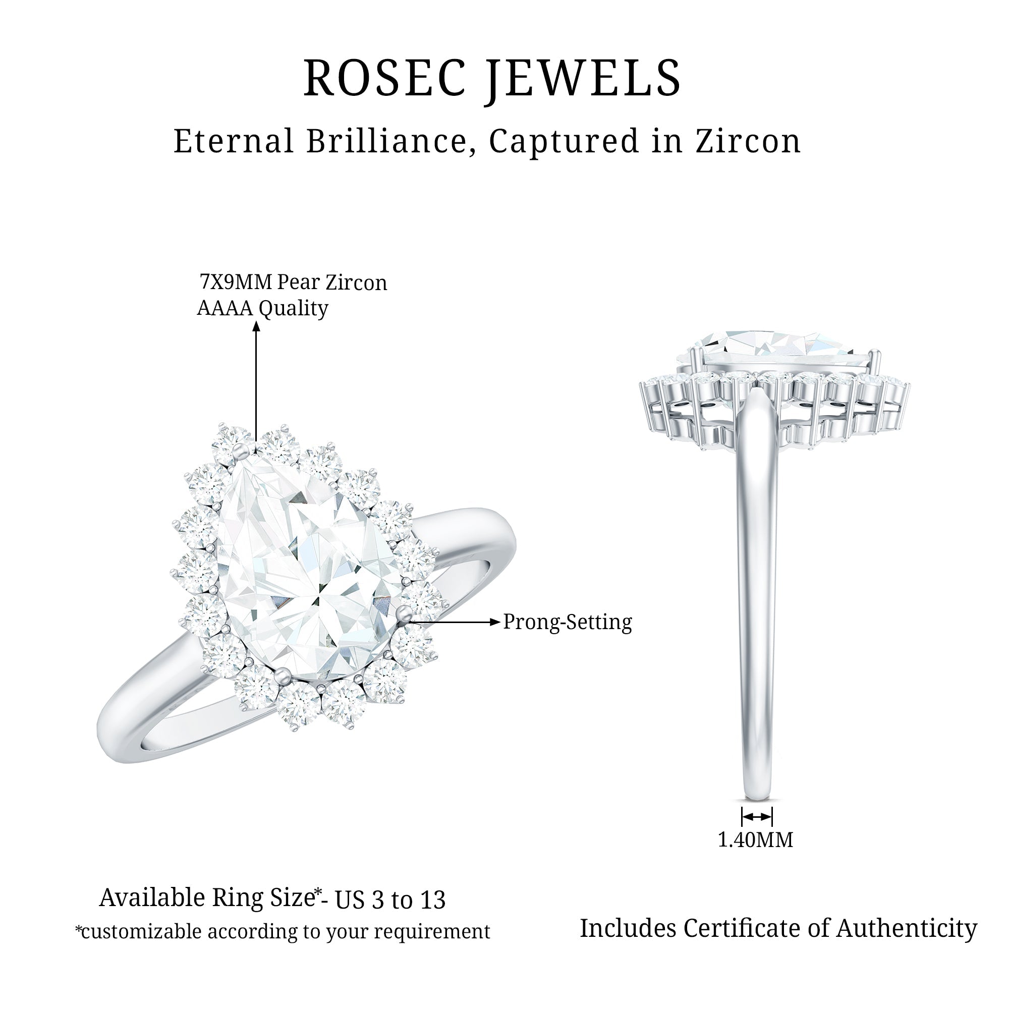 1.4 Carat Cubic Zirconia Teardrop Halo Engagement Ring